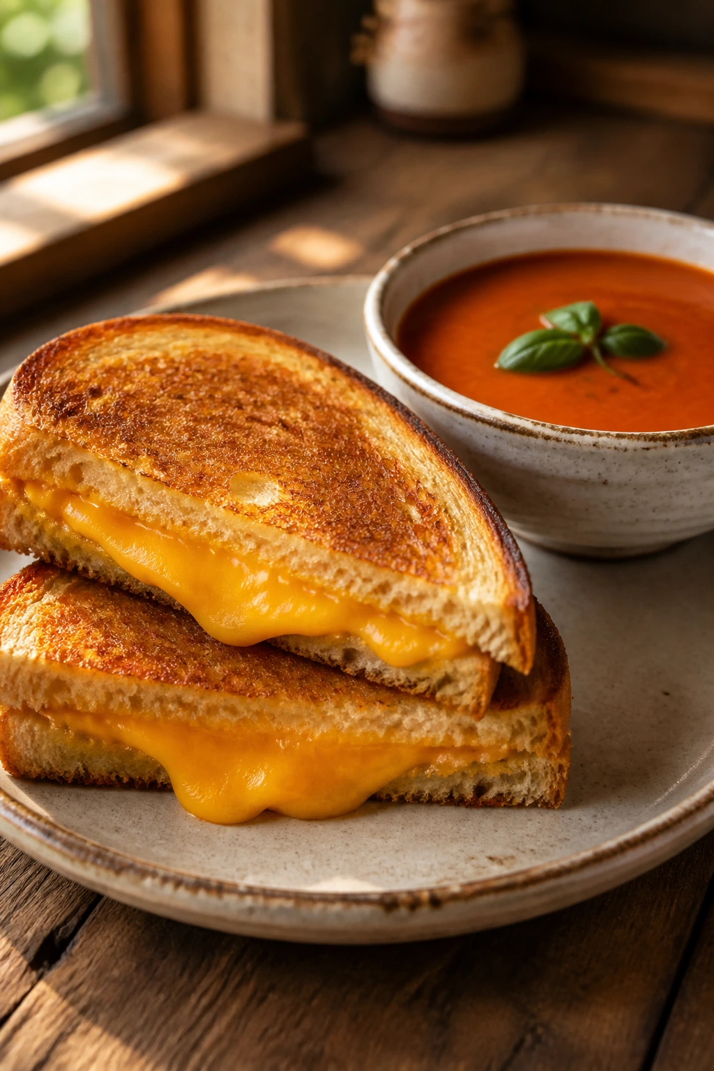 Close-up of a grilled cheese sandwich with tomato soup in a warm kitchen setting