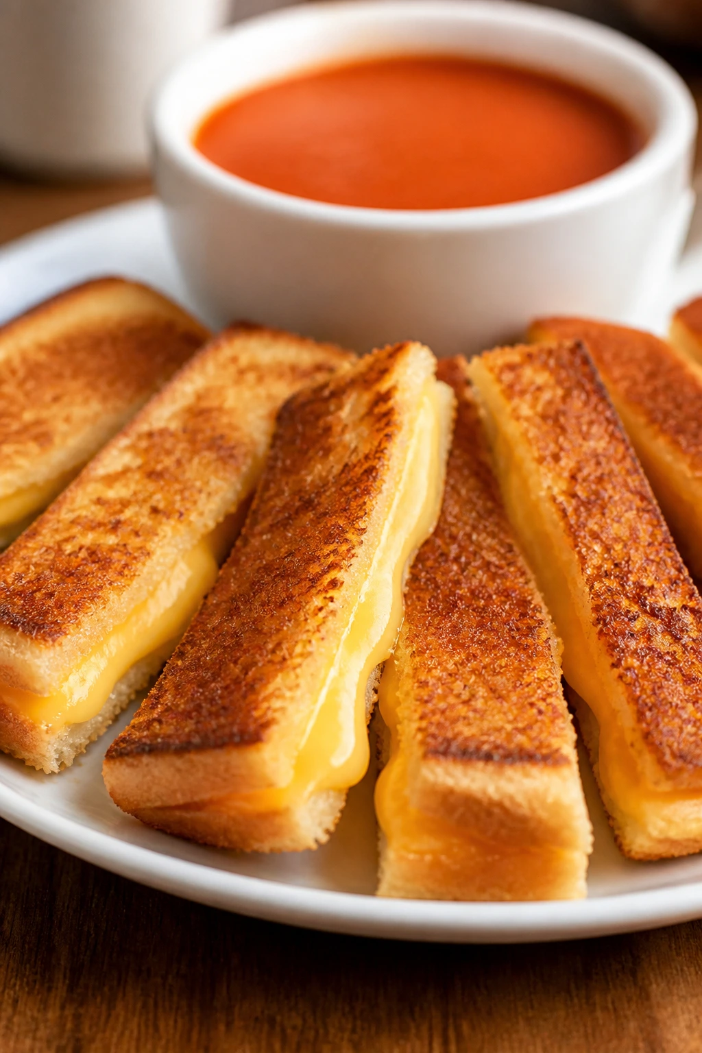 Plate of grilled cheese dippers with a cup of tomato soup in the background.