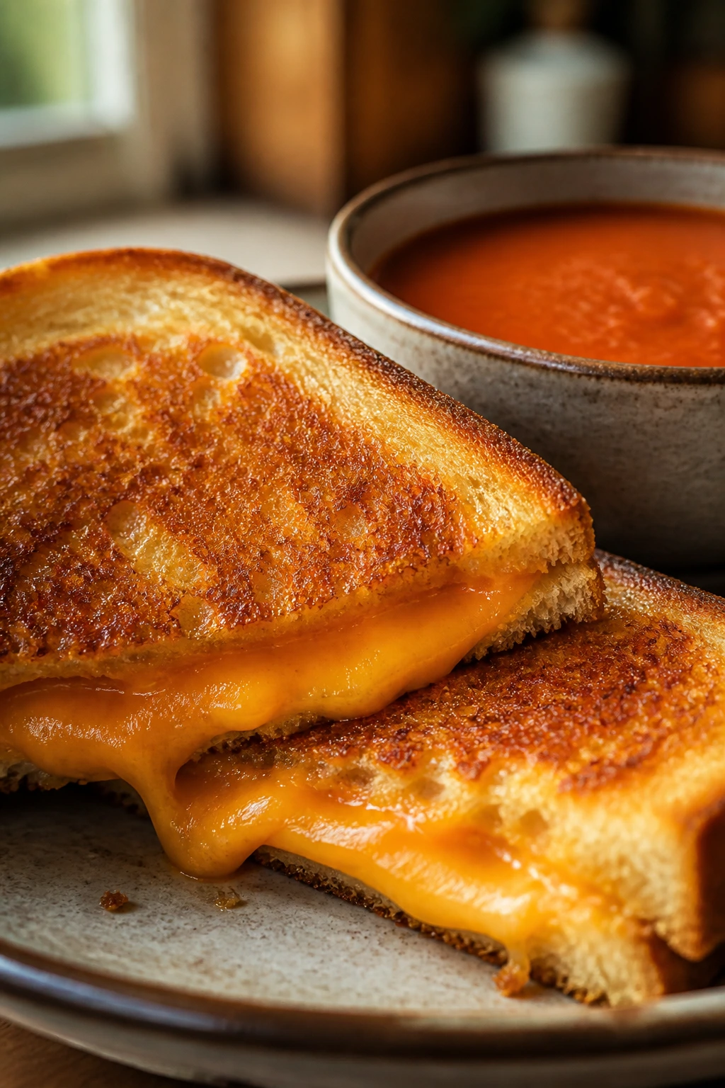 Close-up of grilled cheese sandwich and tomato soup in a cozy kitchen