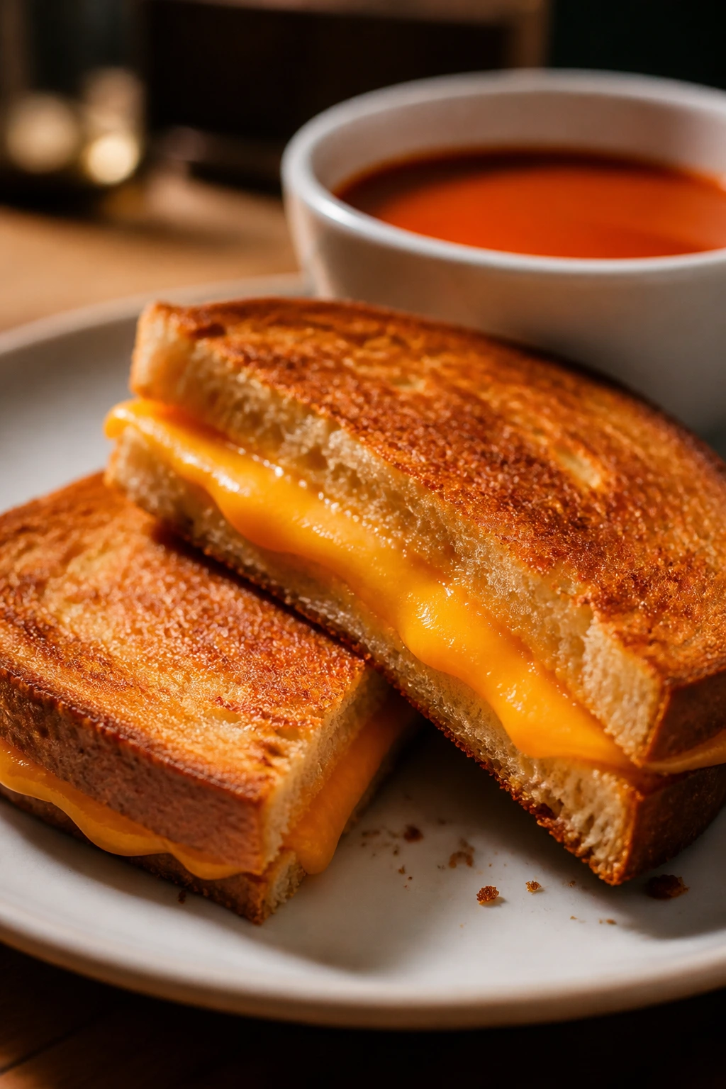 Close-up of grilled cheese sandwich with tomato soup in the background