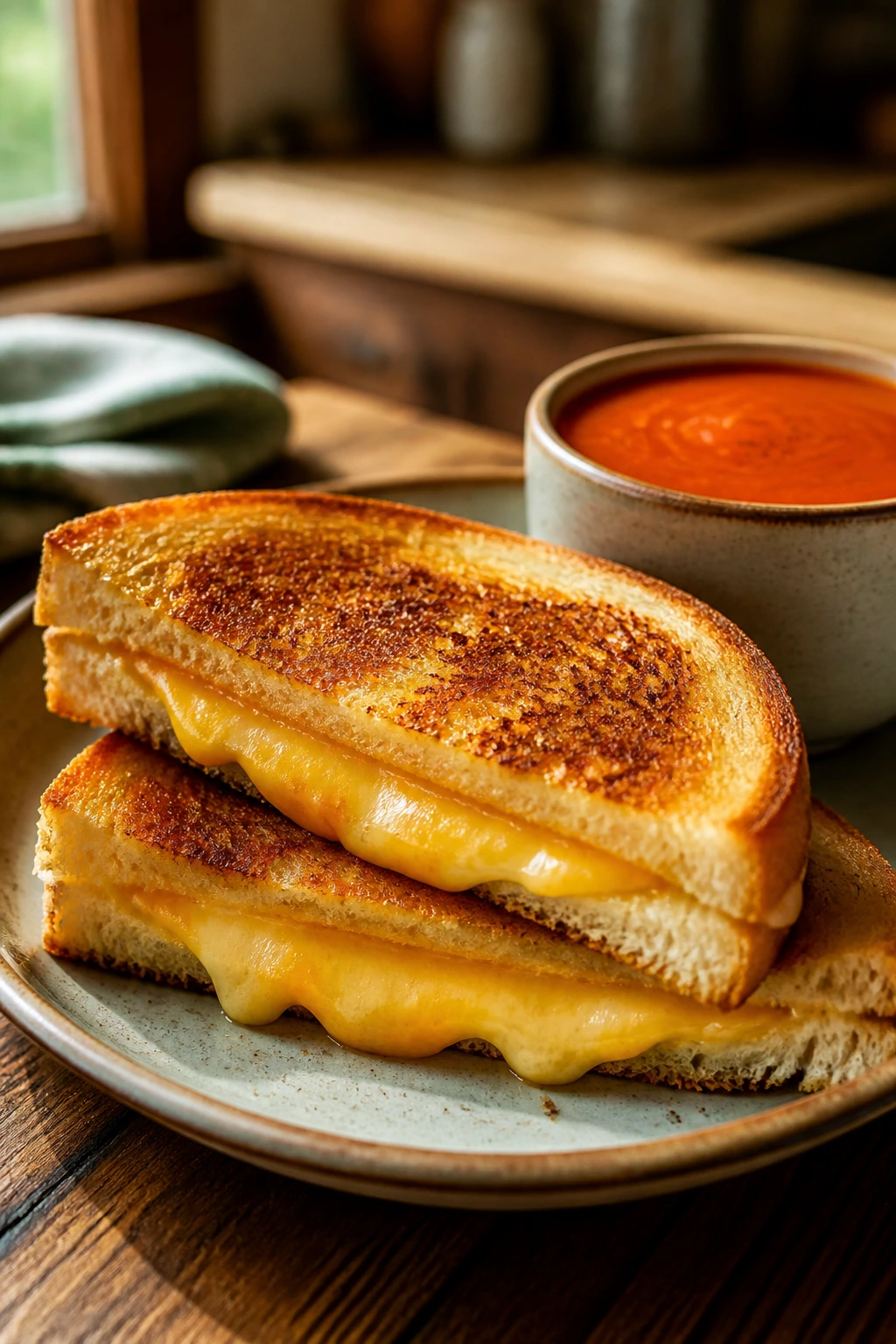Close-up of classic grilled cheese with tomato soup on a wooden table