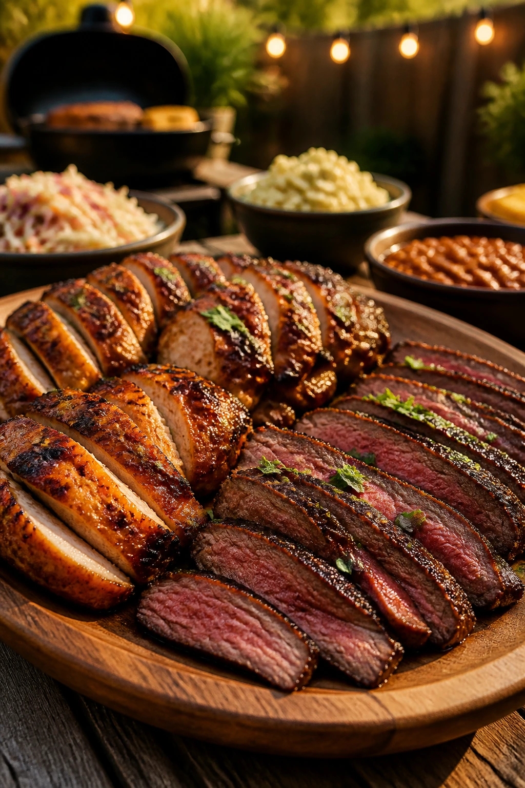 Platter of grilled chicken and beef slices ready to serve at a backyard cookout