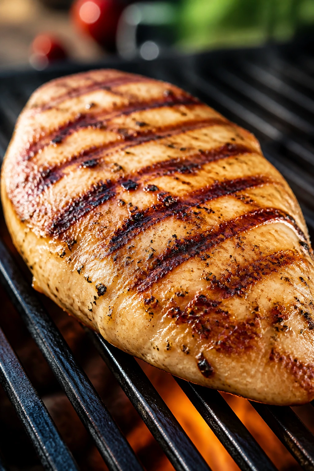 Grilled chicken breast close-up showing moisture and grill marks