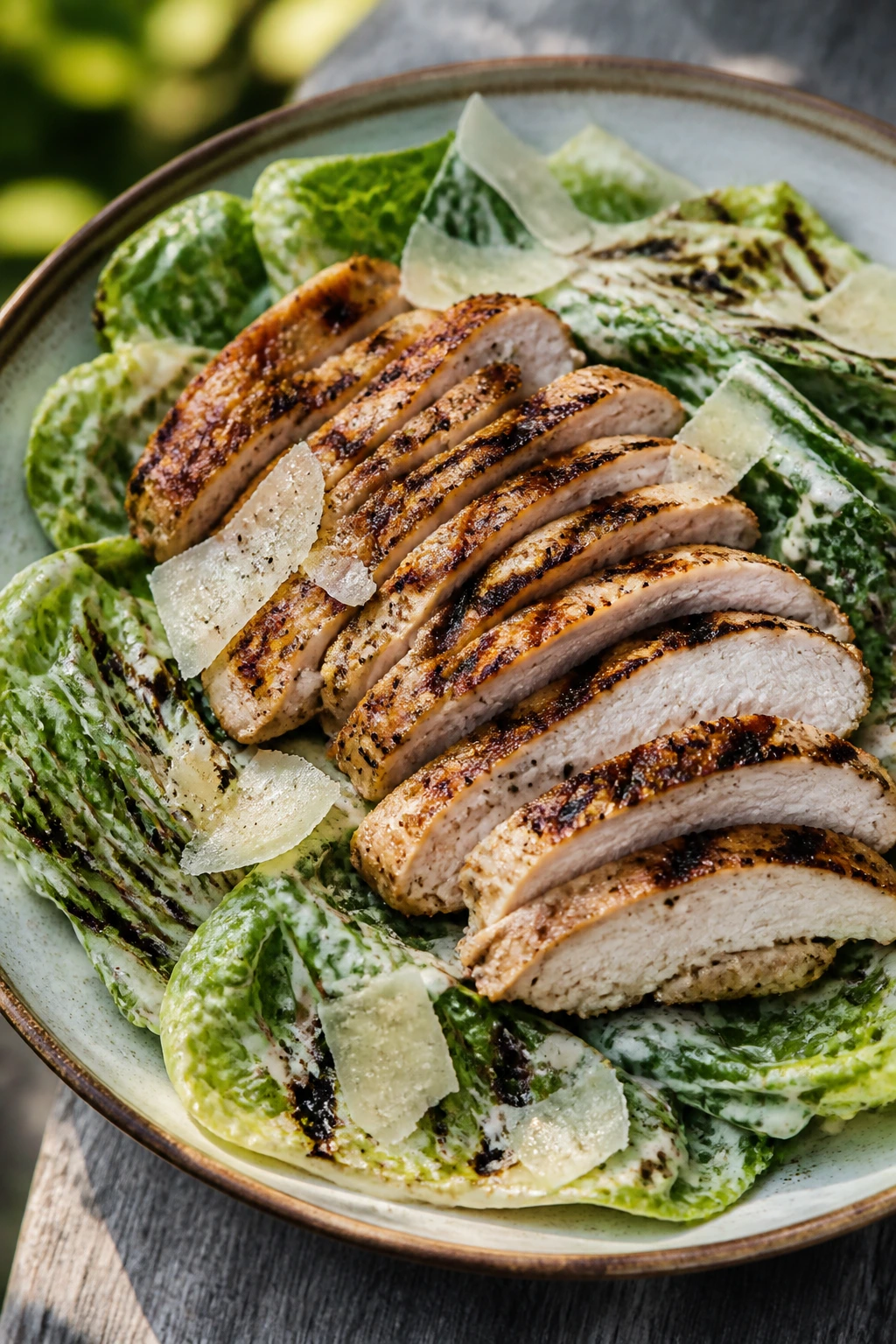Grilled chicken caesar salad with charred romaine and dressing.