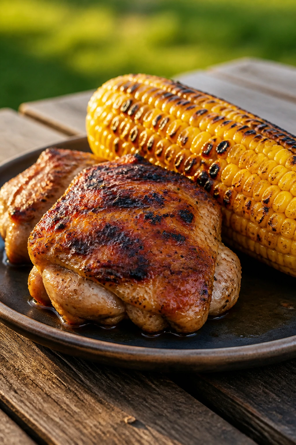 Close-up of grilled chicken thigh and corn on a backyard table