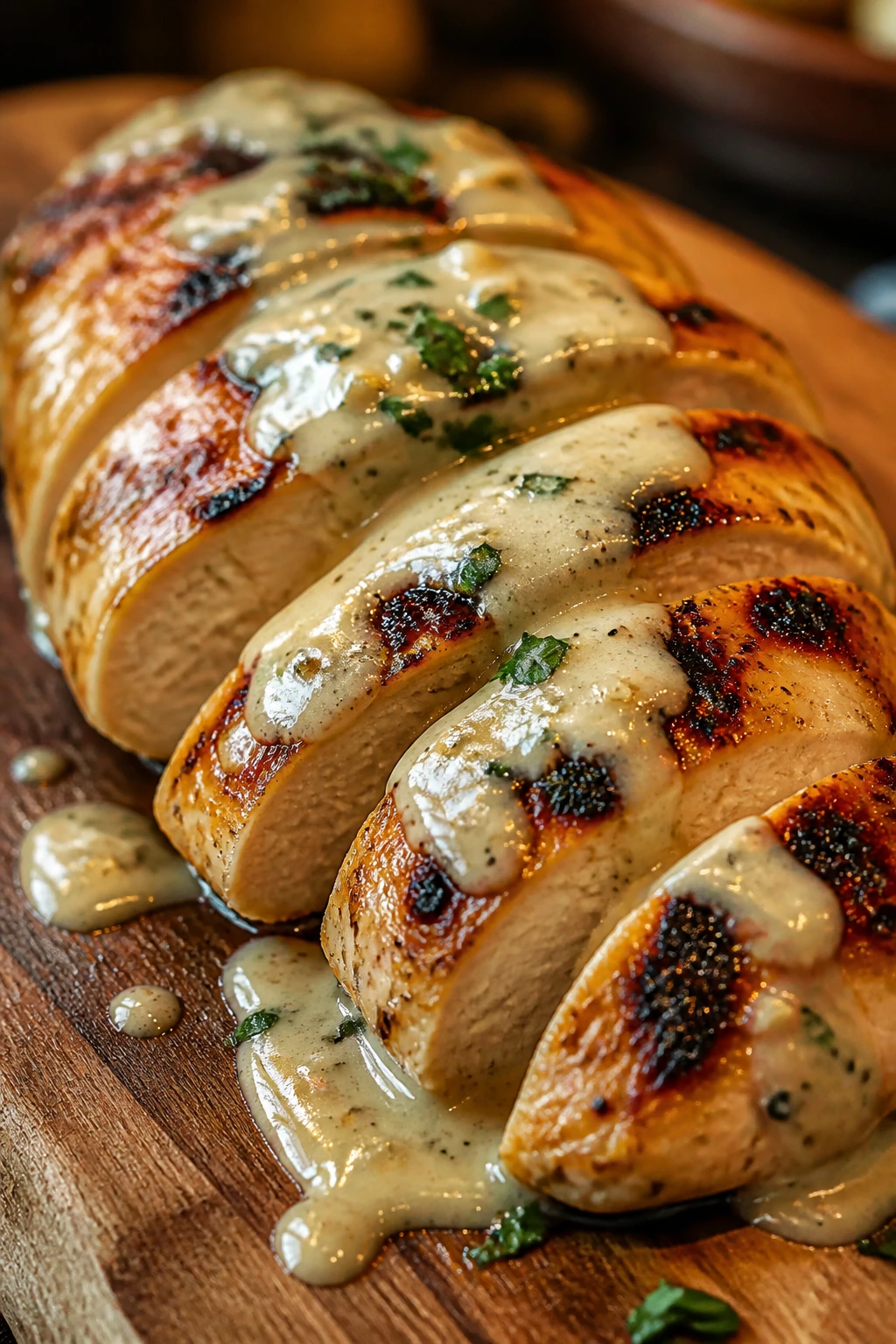 Close-up of grilled chicken breast with char marks and creamy garlic-Dijon sauce on a wooden board