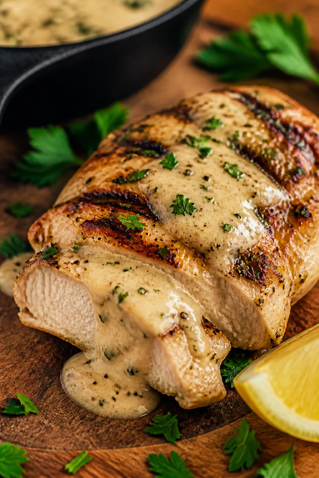 Close-up of grilled chicken breast with creamy Dijon-Parmesan sauce
