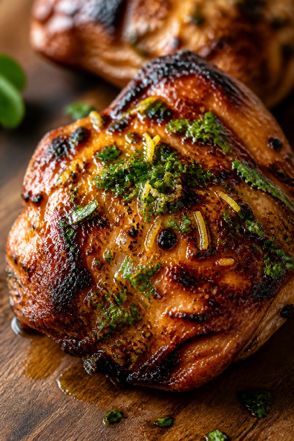 Close-up of grilled chicken thigh with finishing parsley and lemon zest
