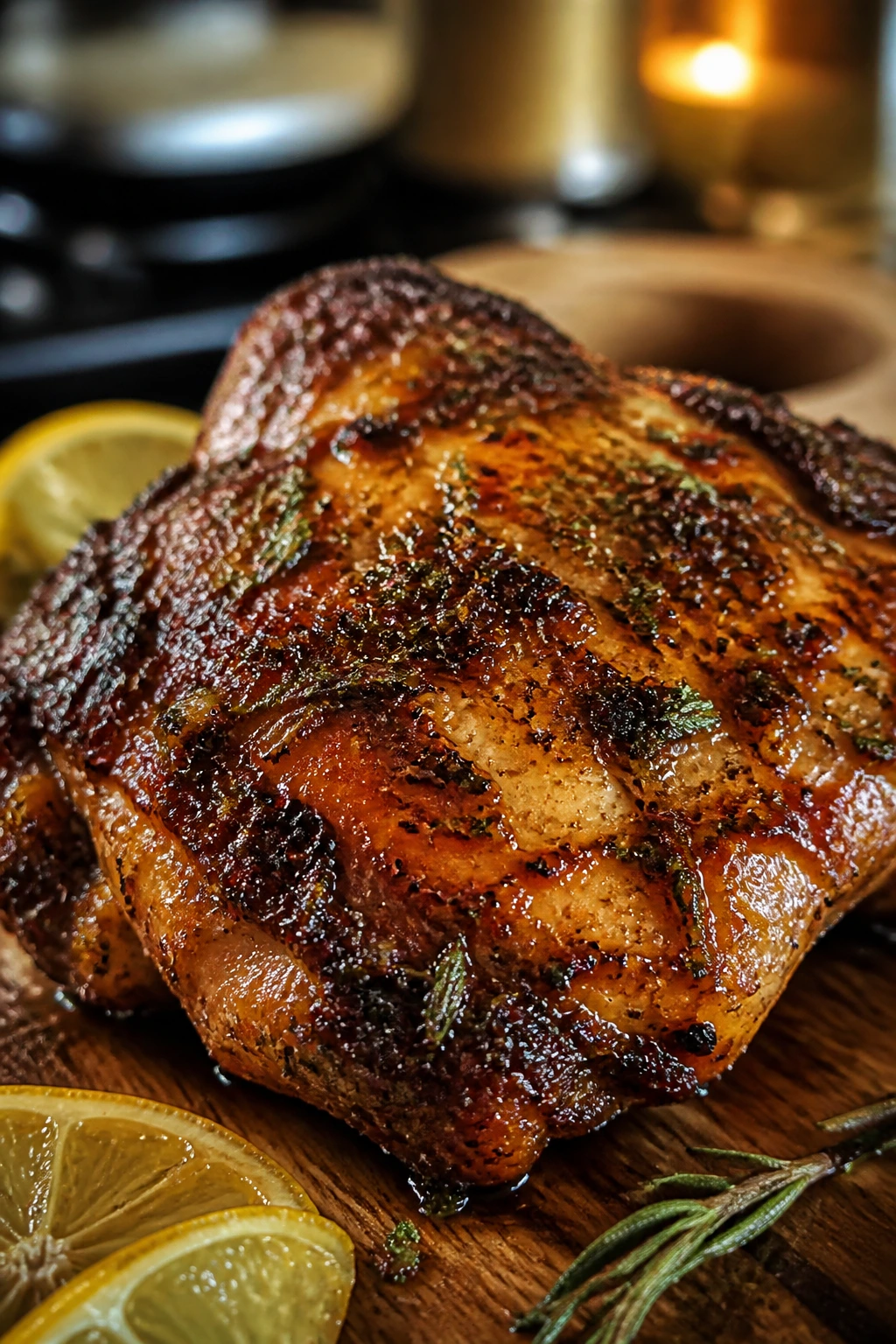 Close-up grilled chicken thigh with glaze and herbs