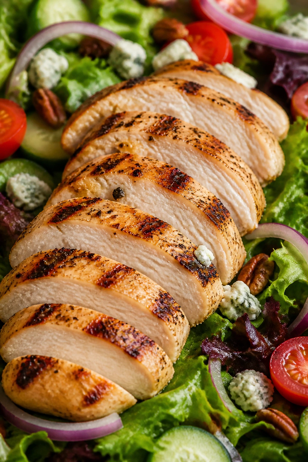 Juicy grilled chicken breast with grill marks on a hearty salad look