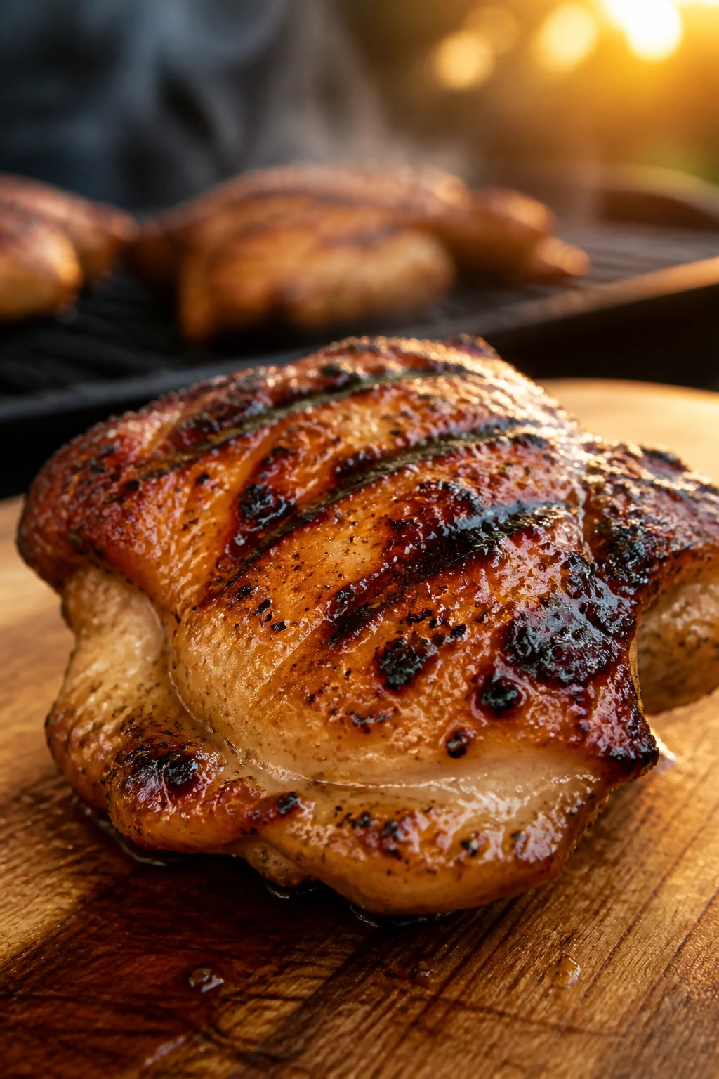 Close-up of juicy grilled chicken thigh with grill marks on a wooden board