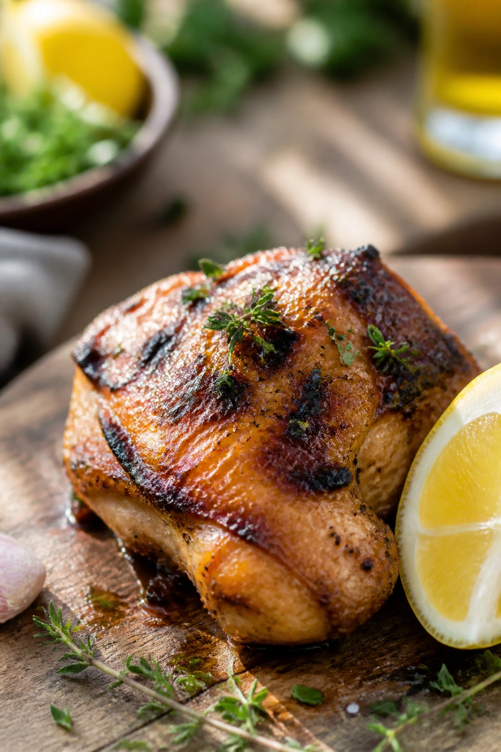 Grilled chicken with lemon and herbs on a picnic table outdoors