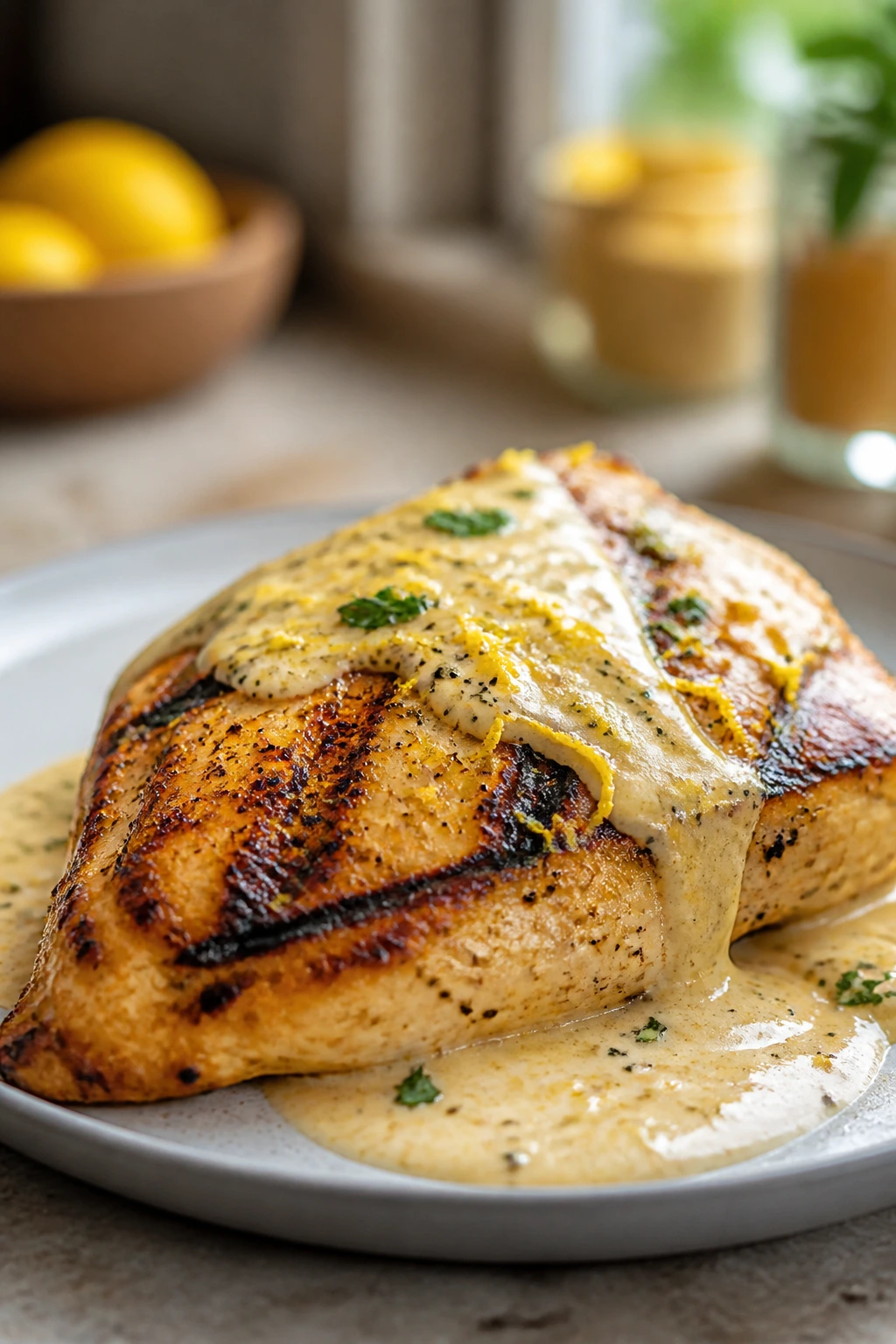 Close-up of grilled chicken with creamy Dijon sauce and lemon zest on a glossy plate in a warm kitchen