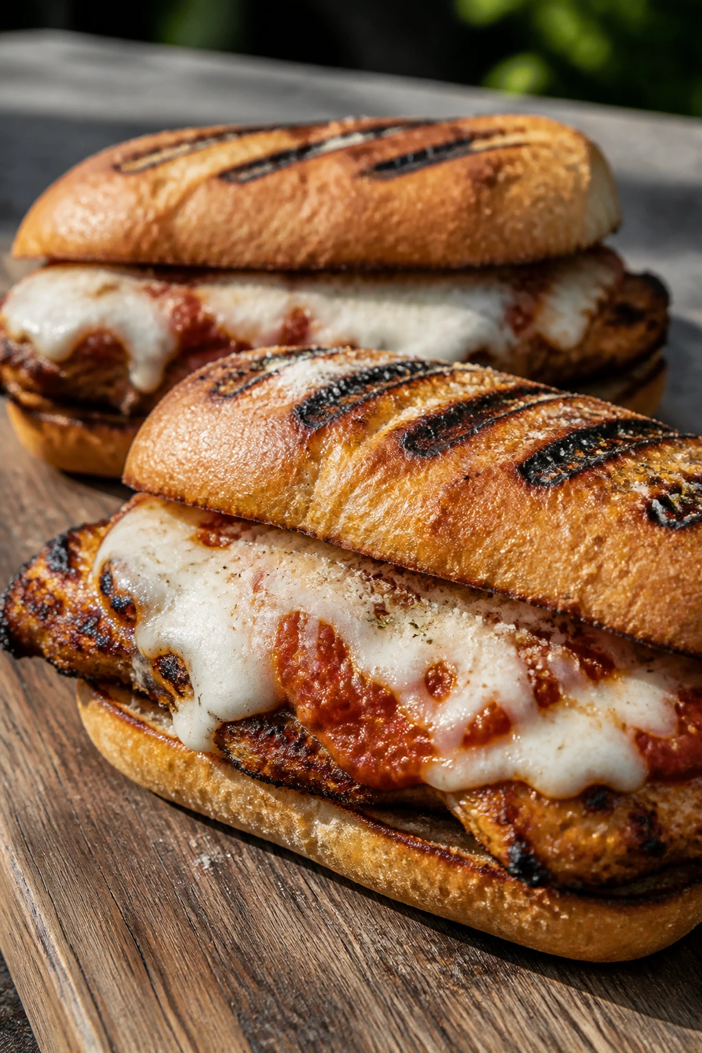 Close-up of grilled chicken parm sandwiches with melted mozzarella