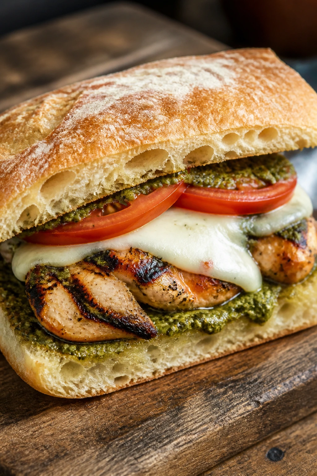 Close-up of Grilled Chicken Pesto and Mozzarella Sandwich