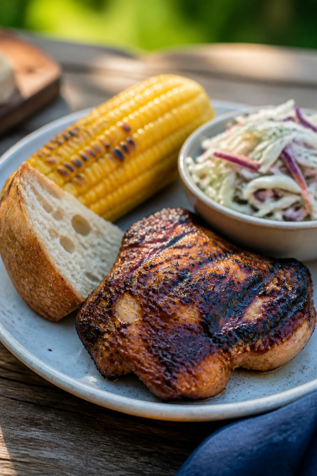 Balanced backyard grill plate with protein, corn, bread, and slaw
