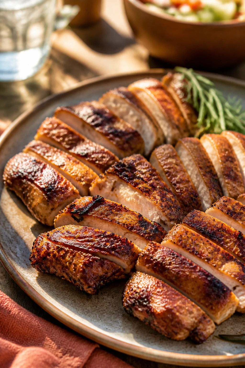Close-up of a grilled chicken thigh plate with browning edges