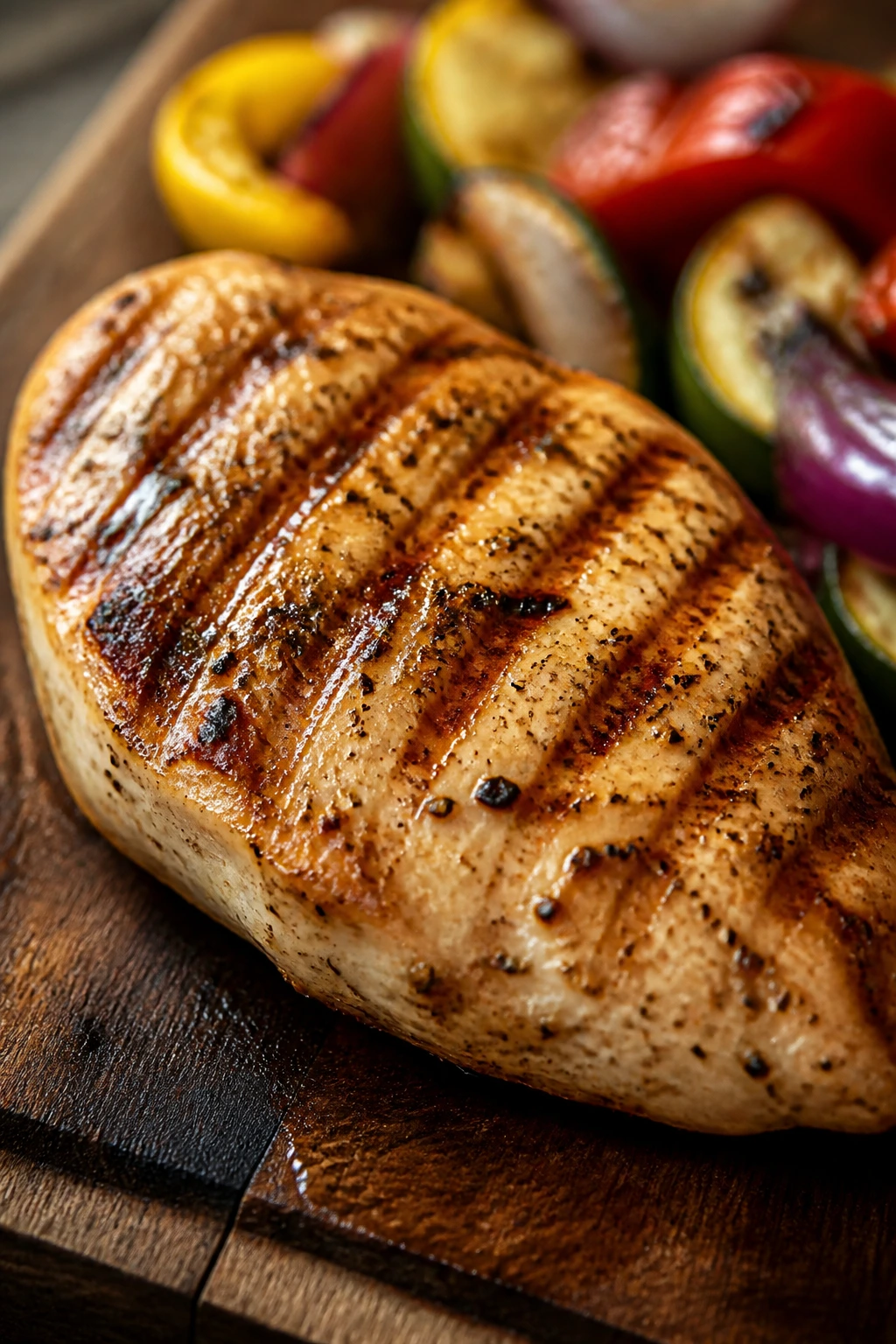 Close-up of a grilled chicken breast dominating a plate with vegetables