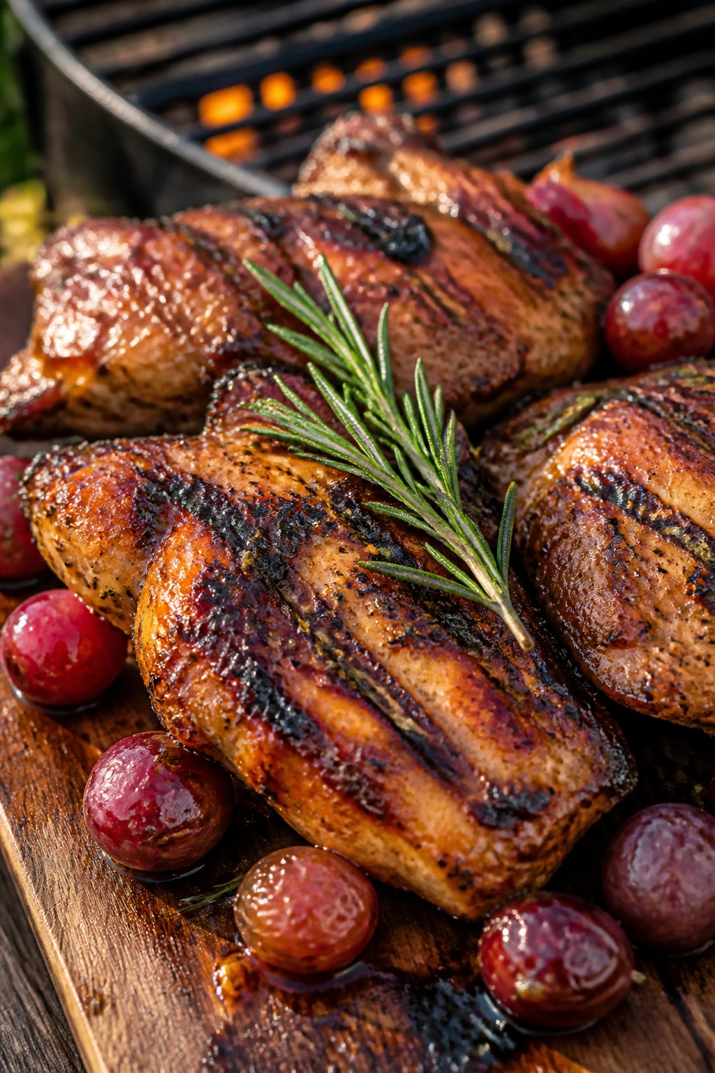 Close-up of grilled chicken with rosemary and grapes on a wooden board.