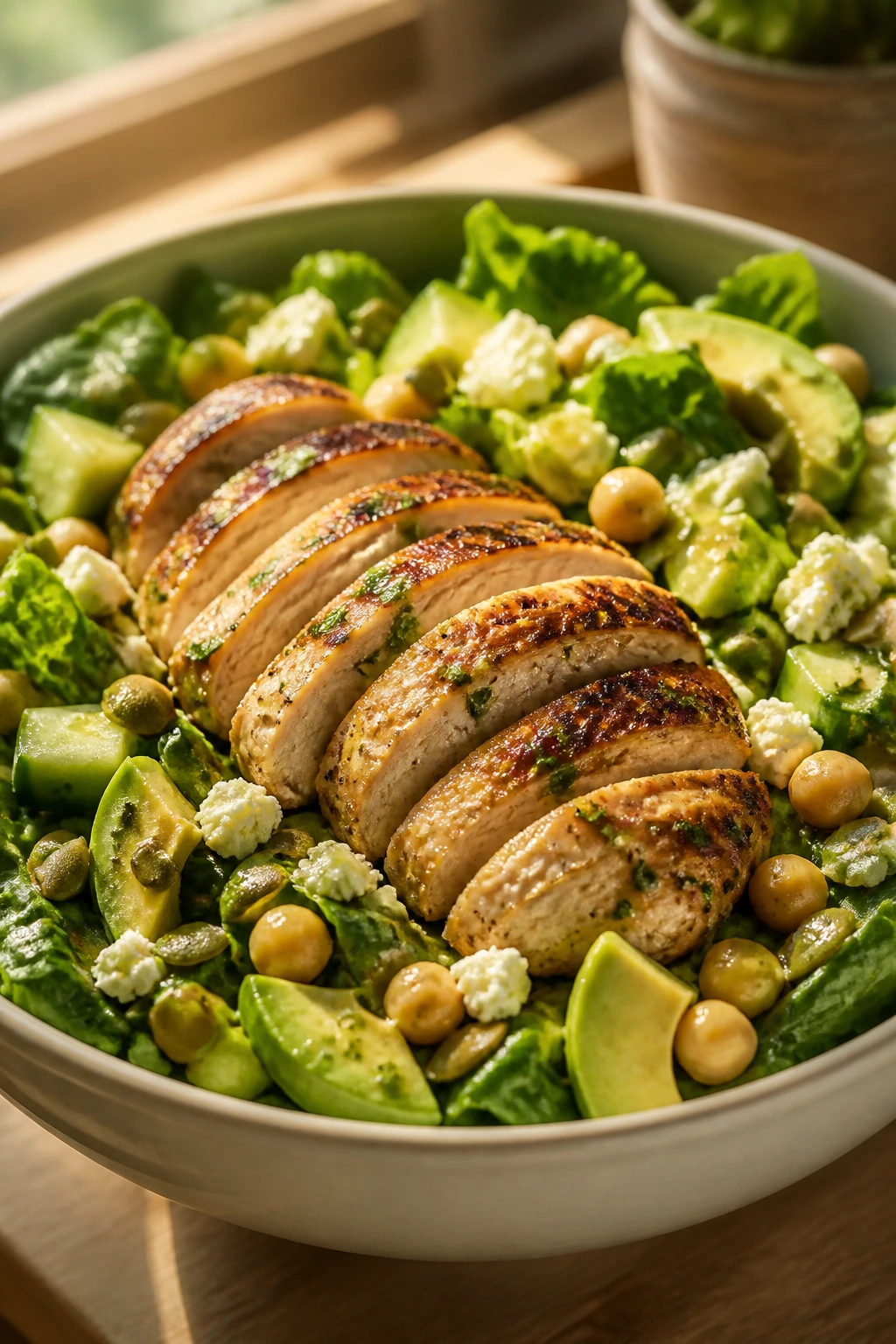 Close-up of juicy grilled chicken salad with greens, chickpeas, avocado, feta and pumpkin seeds in warm light