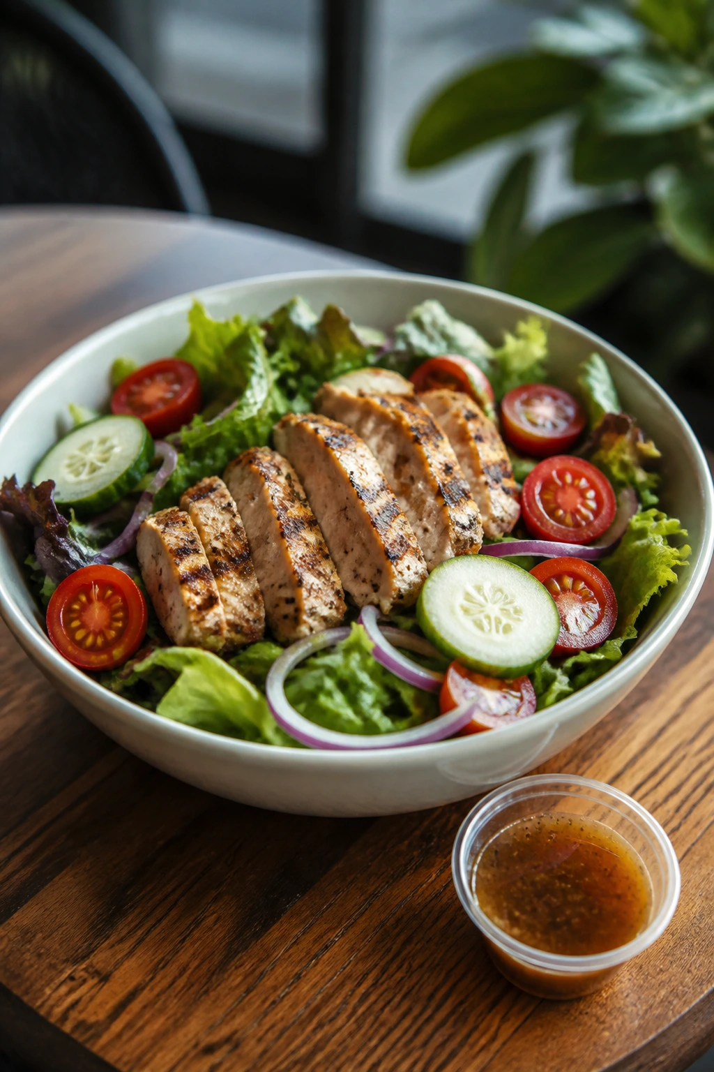 Close-up of a grilled chicken salad with greens and vegetables and dressing on the side