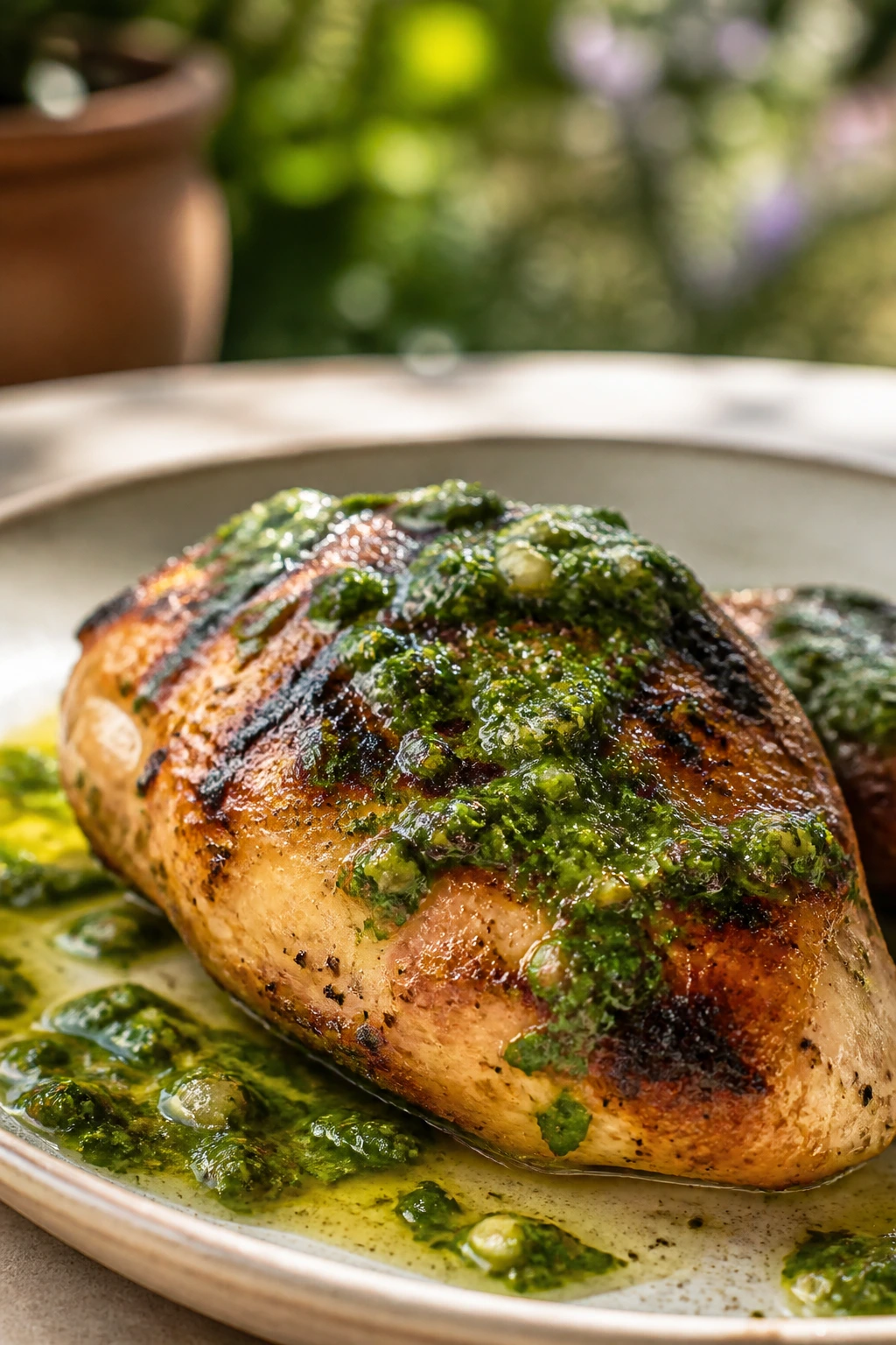 Close-up of grilled chicken with salsa verde on a sunny outdoor table.