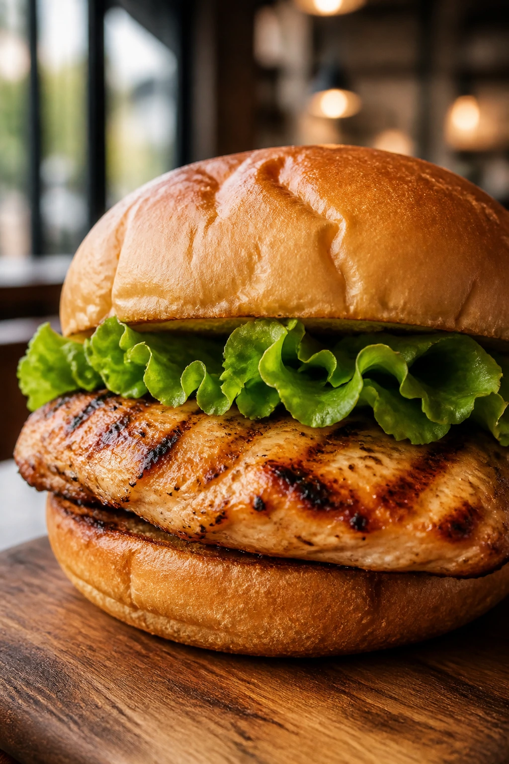 Grilled chicken sandwich with lettuce on a bun, dairy-free and filling