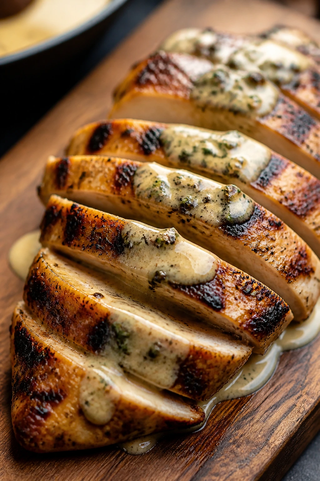 Close-up of a juicy grilled chicken breast with grill marks and creamy Dijon-Parmesan sauce