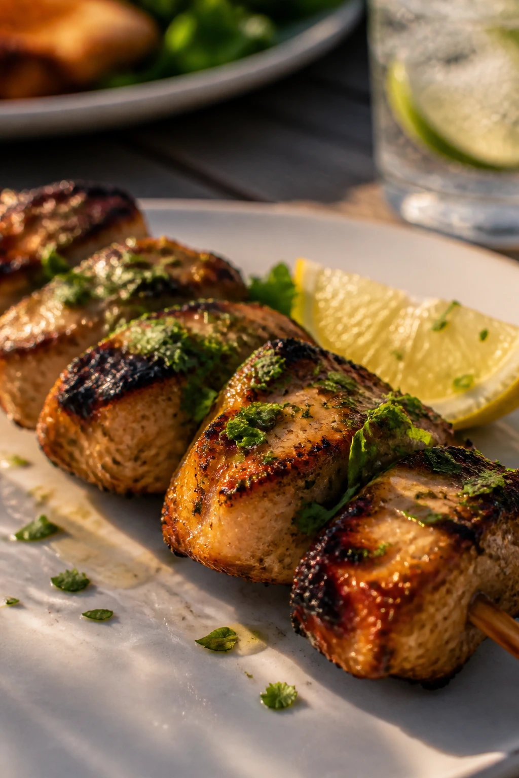 Close-up of a grilled chicken skewer on plate in warm outdoor light
