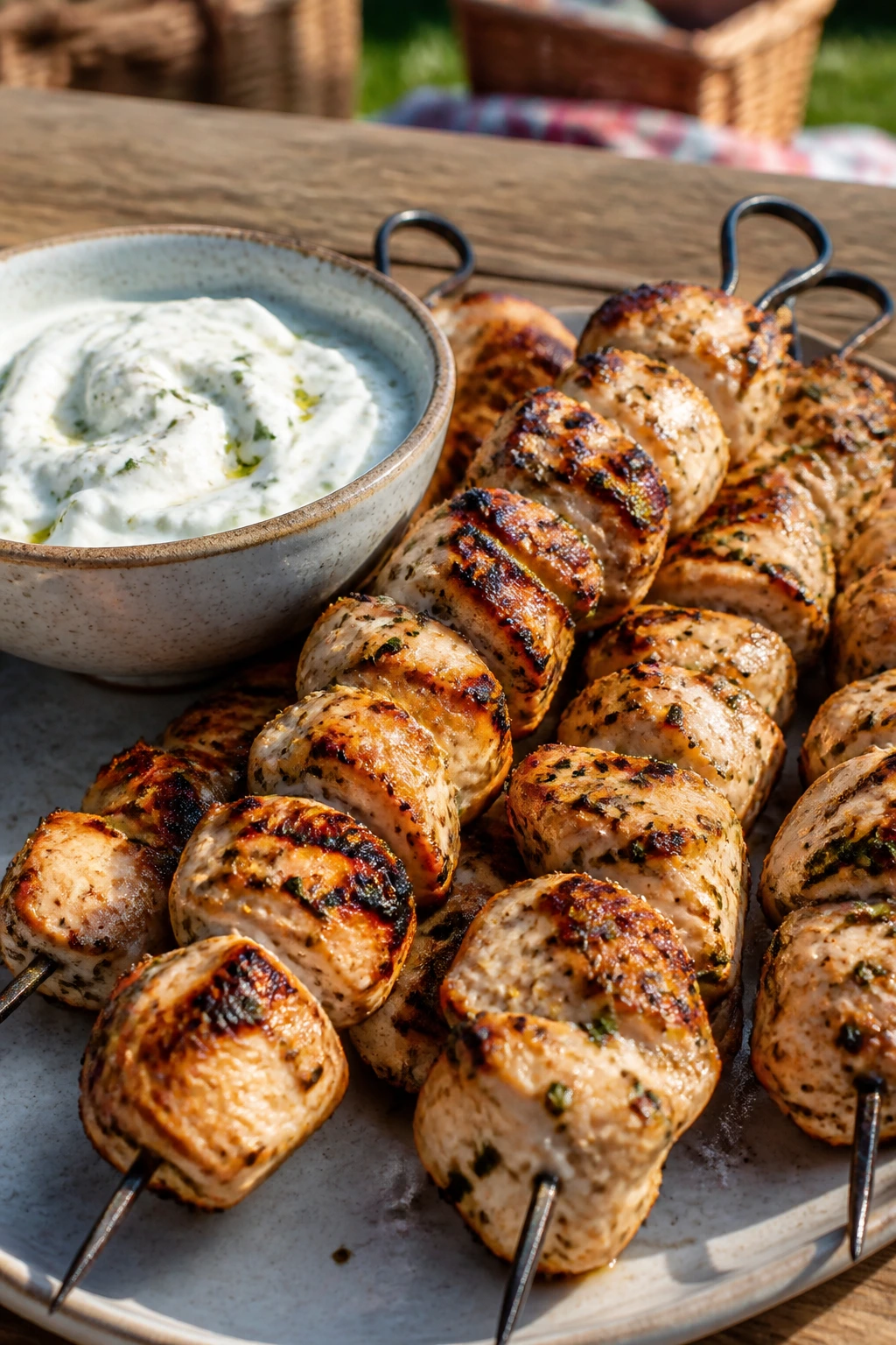 Juicy grilled chicken skewers with yogurt dip on a picnic table