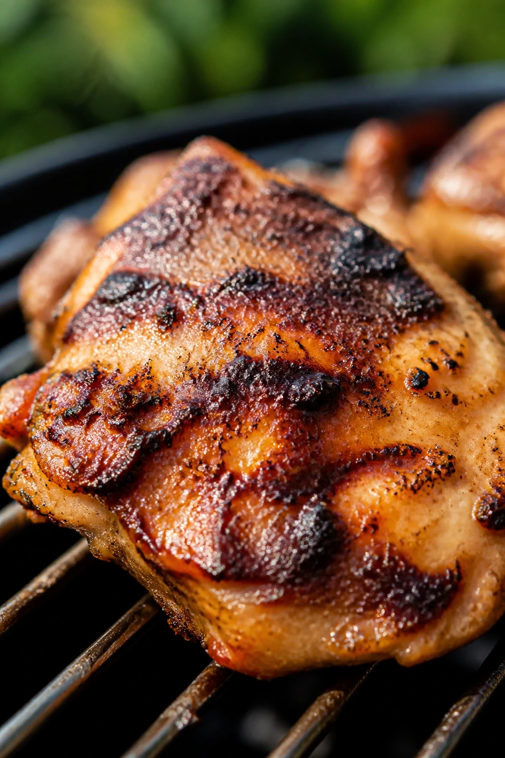 Juicy grilled chicken thigh with sear marks on a grill surface