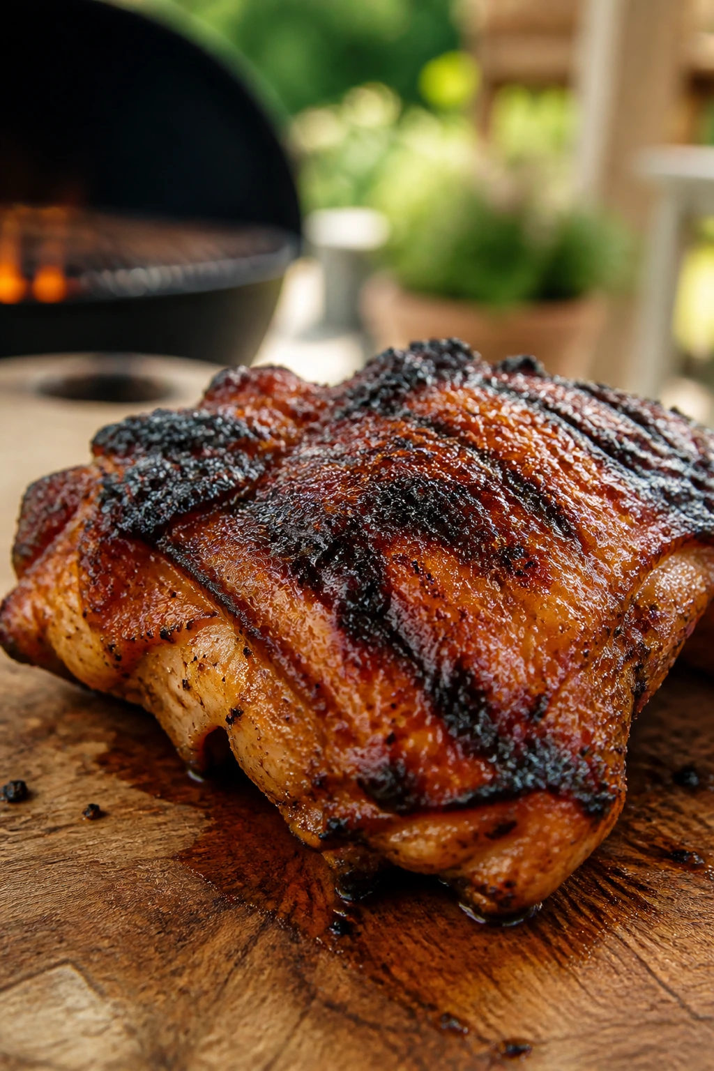 Close-up of a grilled chicken thigh with crispy char on a wooden board in an outdoor setting