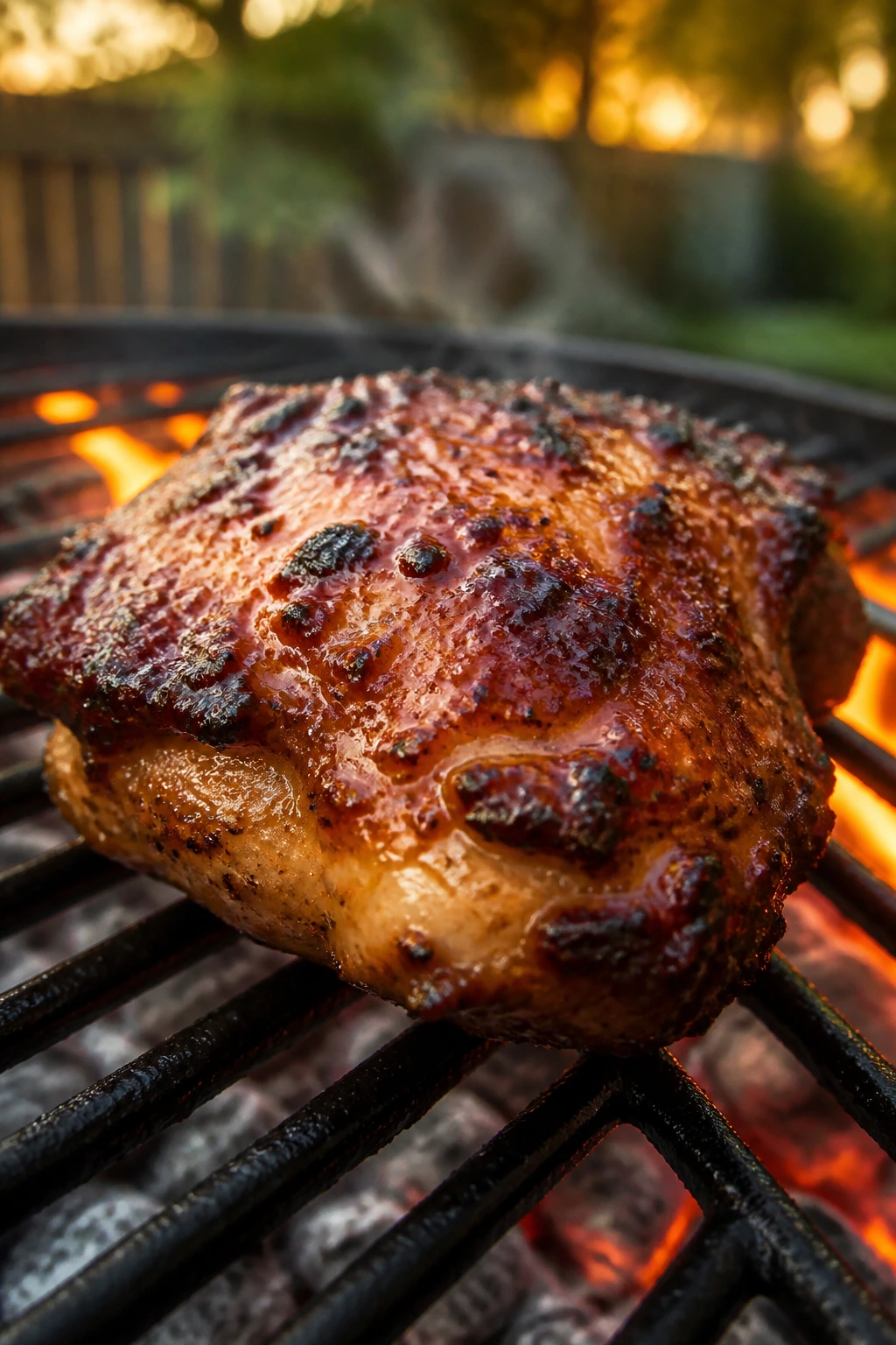 Juicy grilled chicken thigh on a backyard grill with sear marks