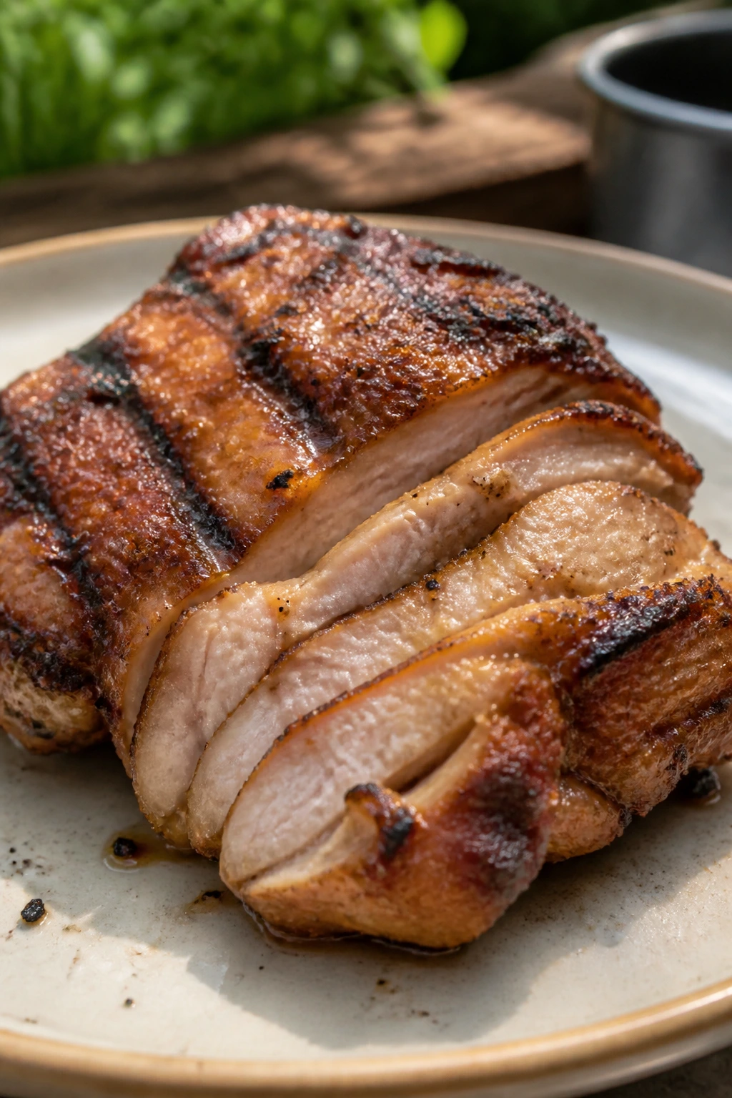 Juicy grilled chicken thigh resting on a plate after grilling
