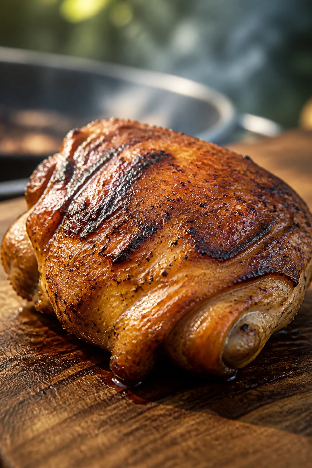 Juicy grilled chicken thigh with glossy skin on a cutting board