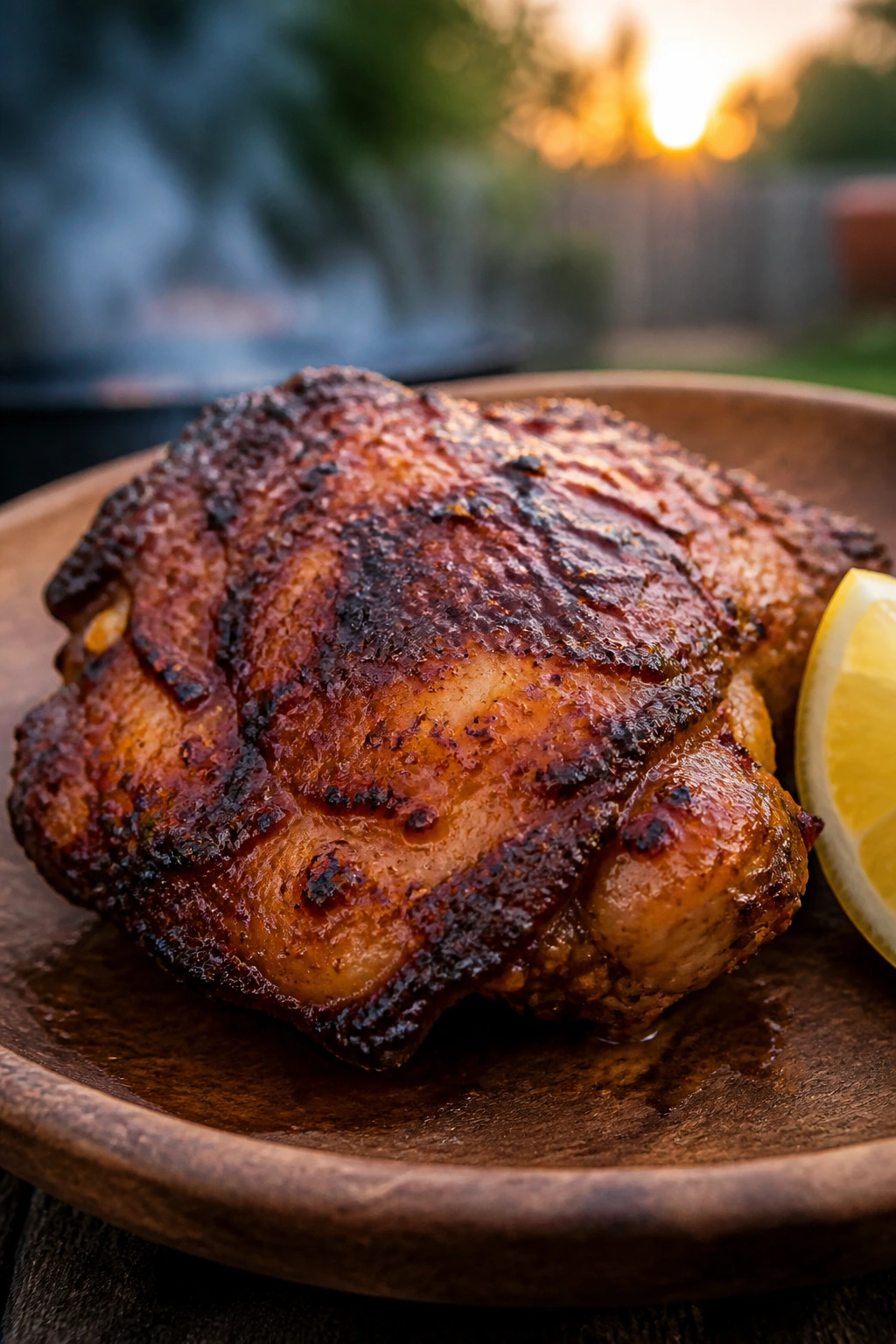 Juicy grilled chicken thigh on a rustic platter ready for backyard cookout