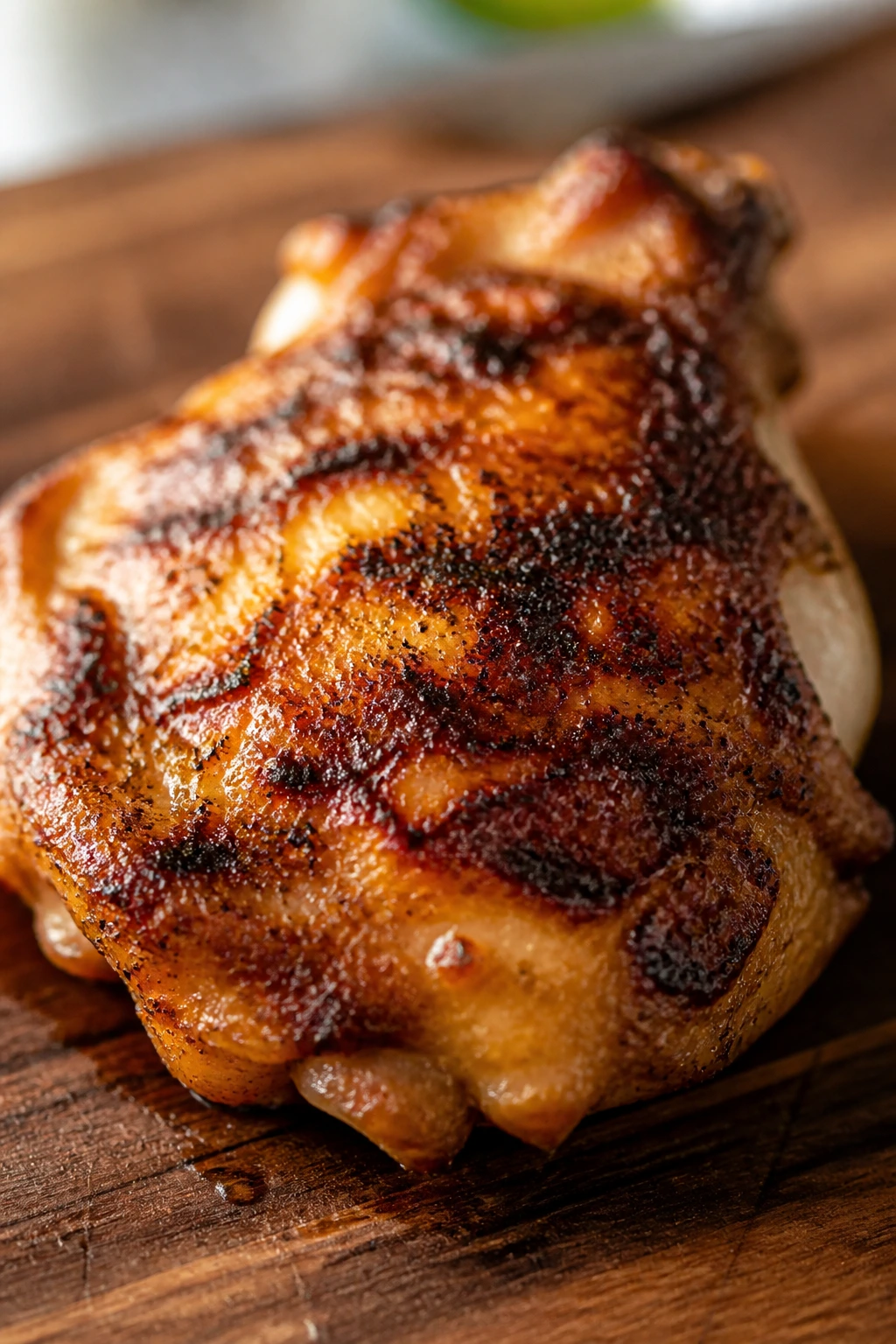 Close-up of a juicy browned grilled chicken thigh on a rustic board