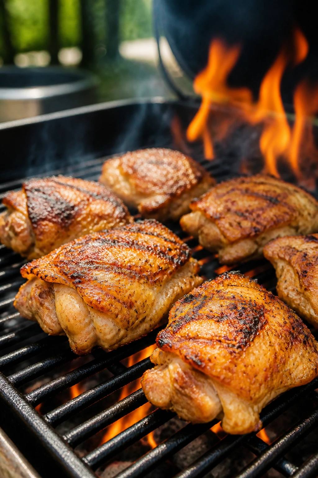 Grilled bone-in, skin-on chicken thighs on a two-zone grill with golden skin