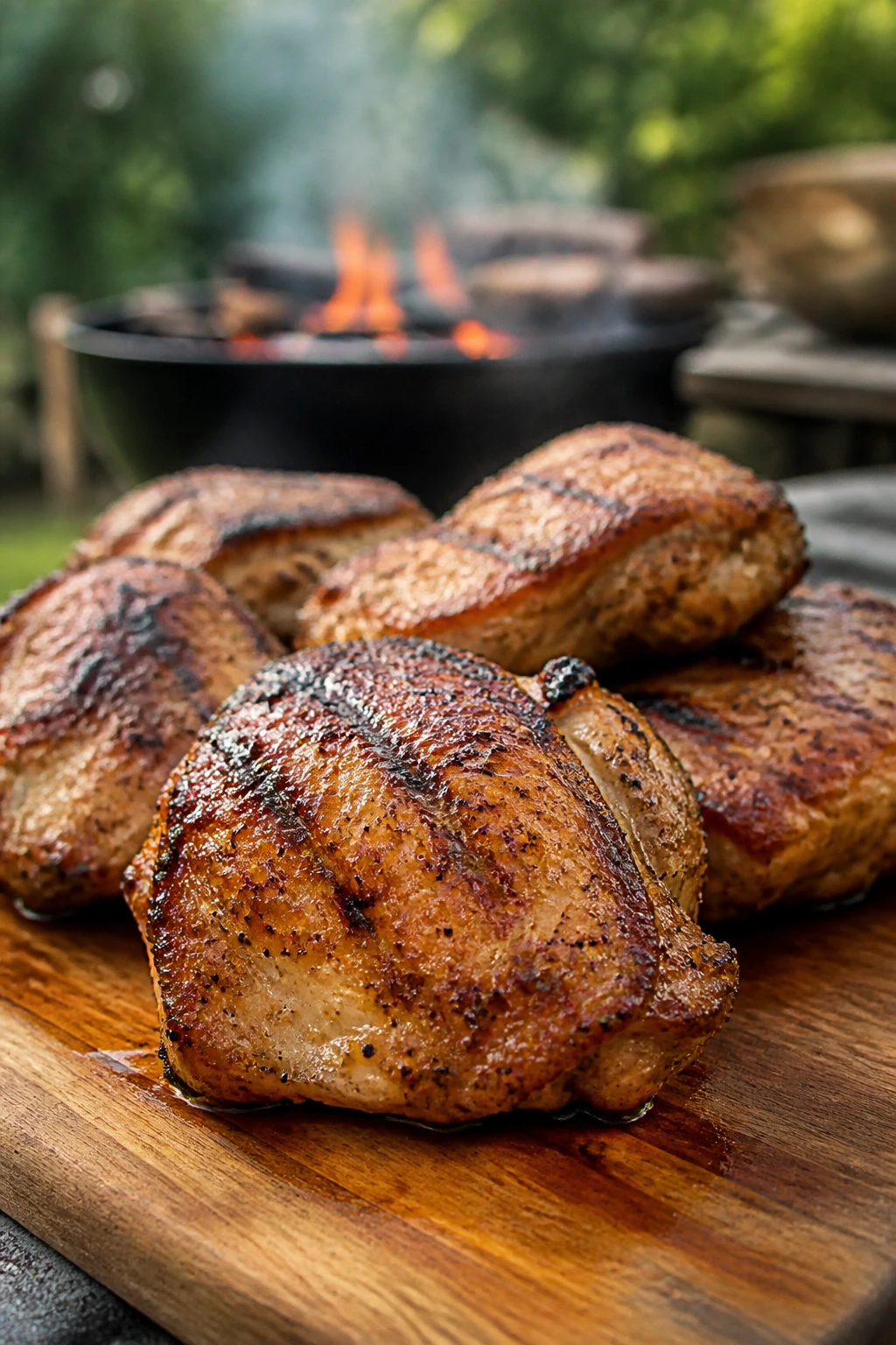 Juicy grilled chicken thighs with grill marks on a wooden board in a backyard setting.