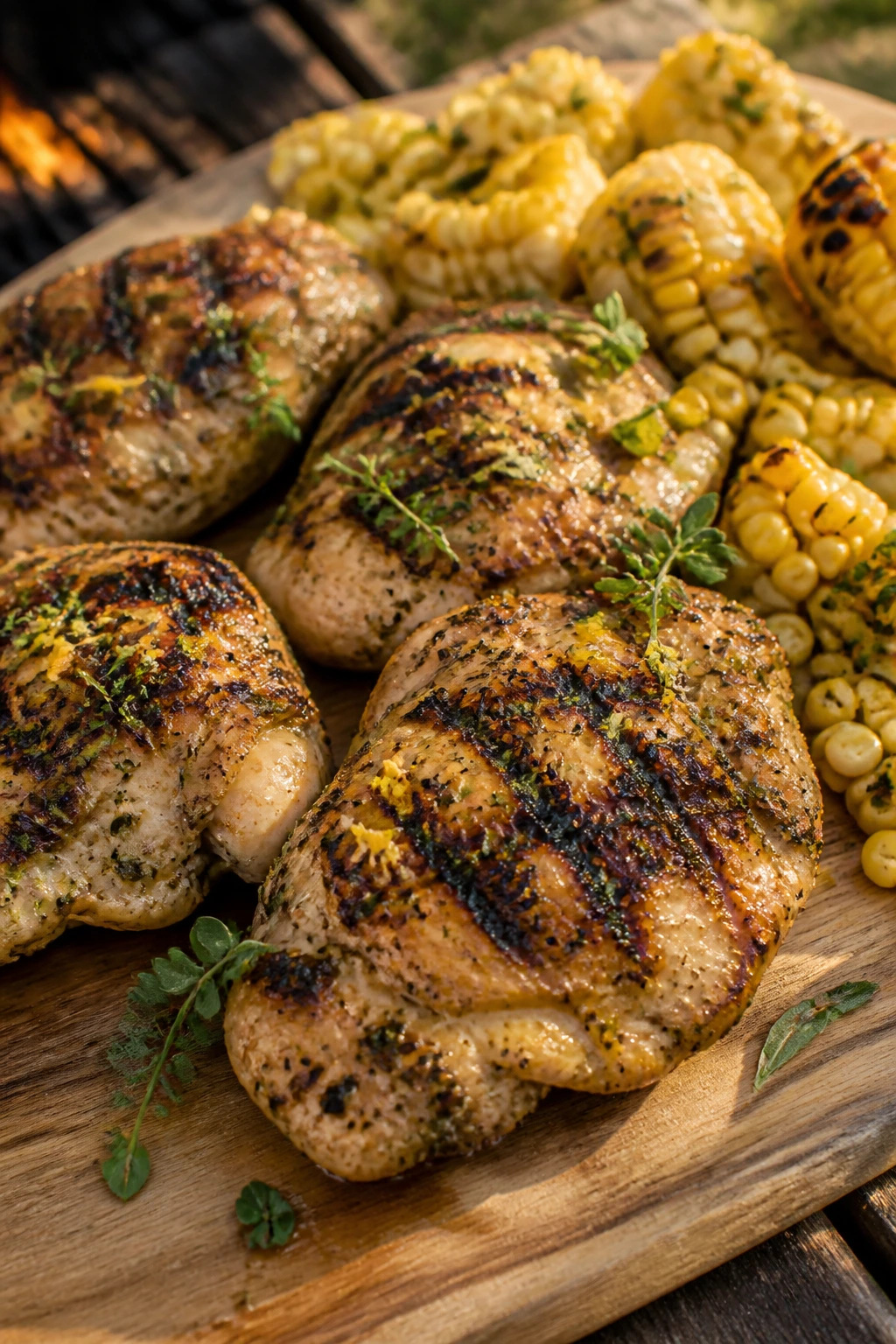 Juicy lemon-herb grilled chicken thighs with charred corn on a wooden board