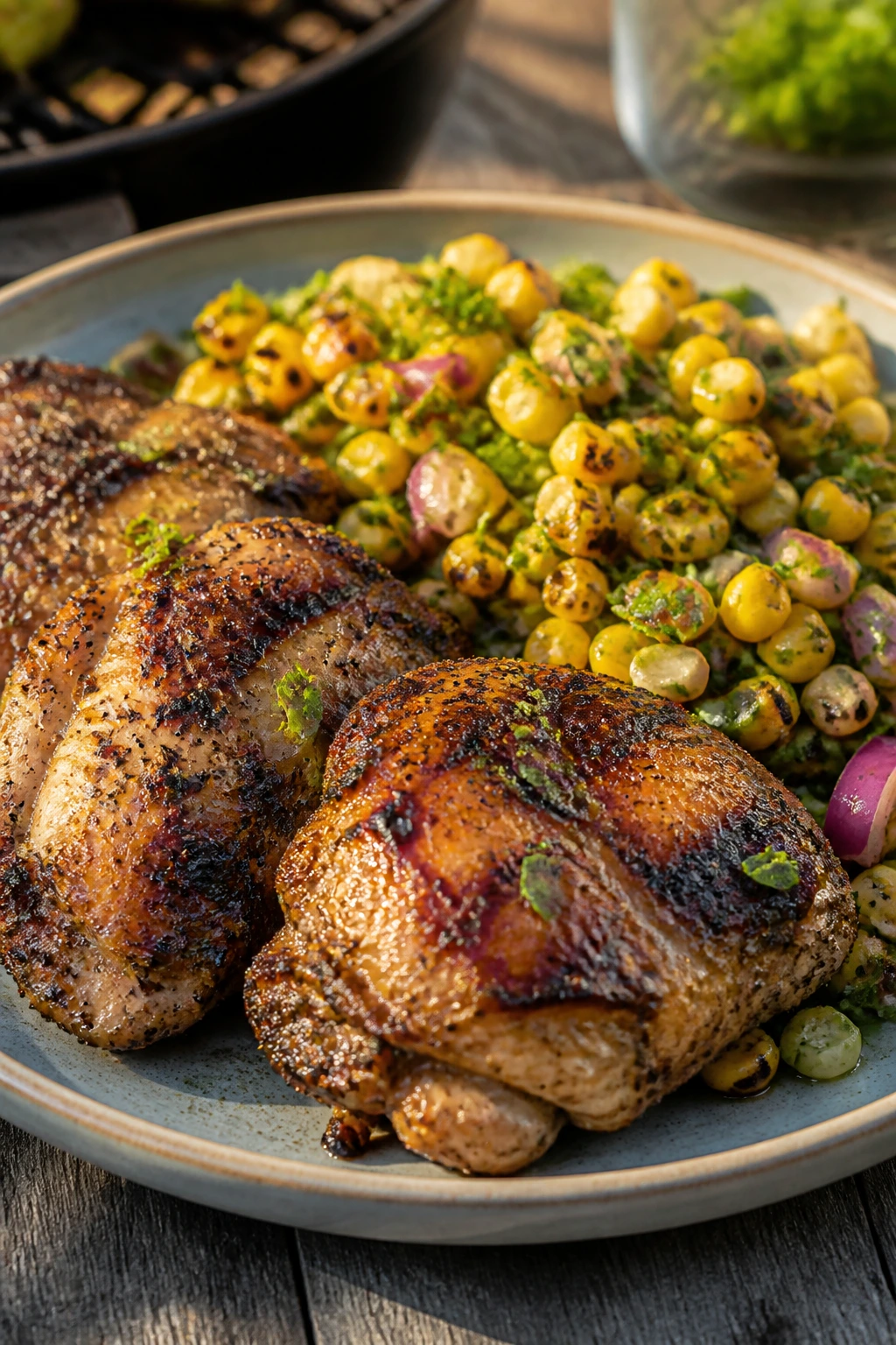 Grilled lemon-herb chicken thighs with charred corn salad on a plate outdoors