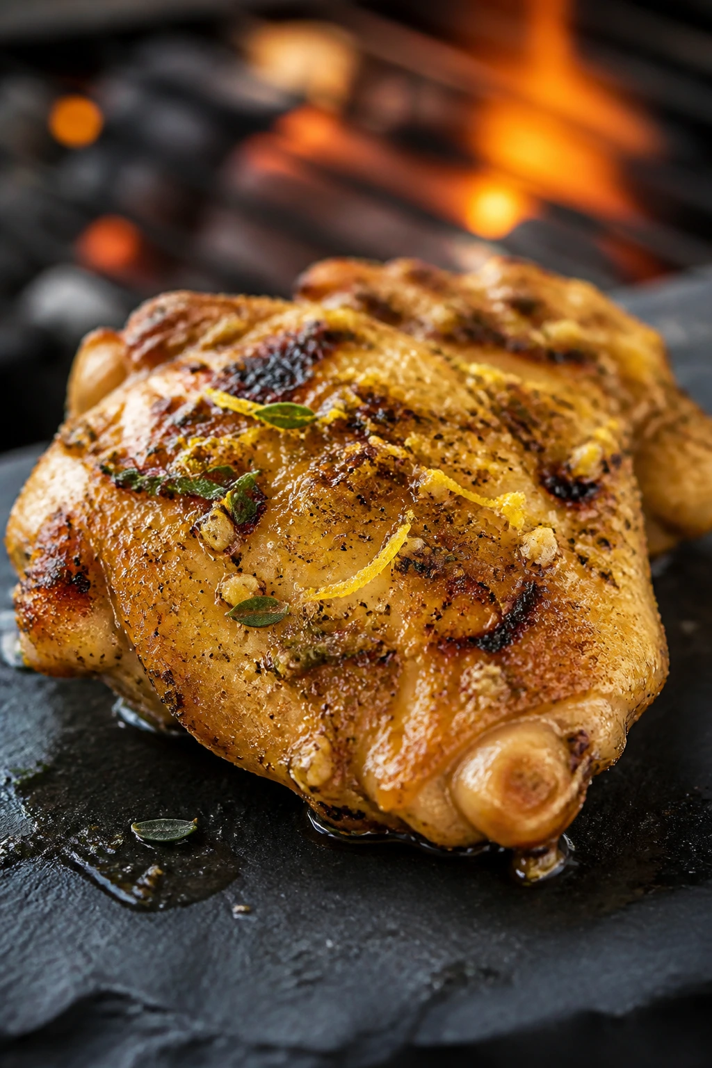 Juicy lemon-garlic chicken thigh on slate board with grill ambiance