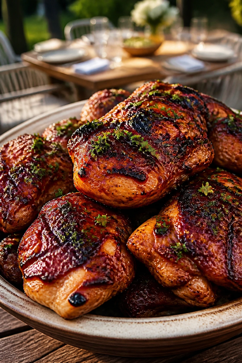 Close-up of grilled honey BBQ chicken thighs on a rustic platter with parsley, outdoor table in the background