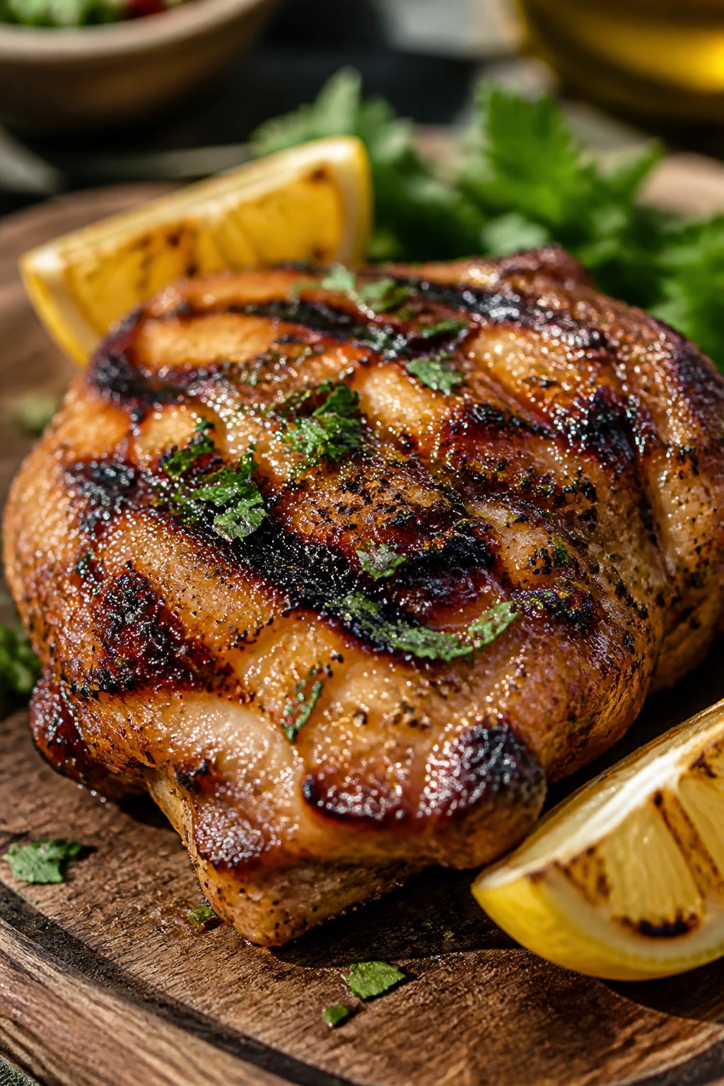 Glossy grilled chicken thigh on wooden board with lemon and parsley