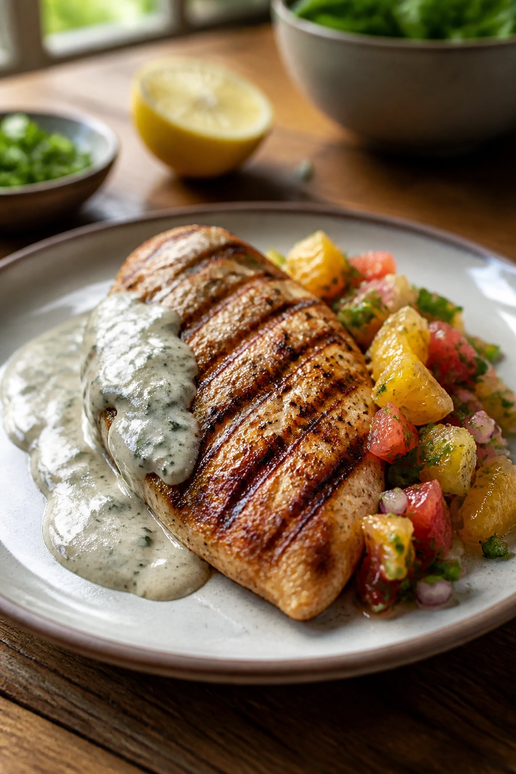 Grilled chicken with two distinct flavor toppings on a plate