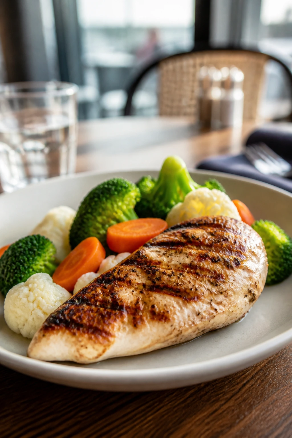 Close-up of grilled chicken with vegetables on a plate