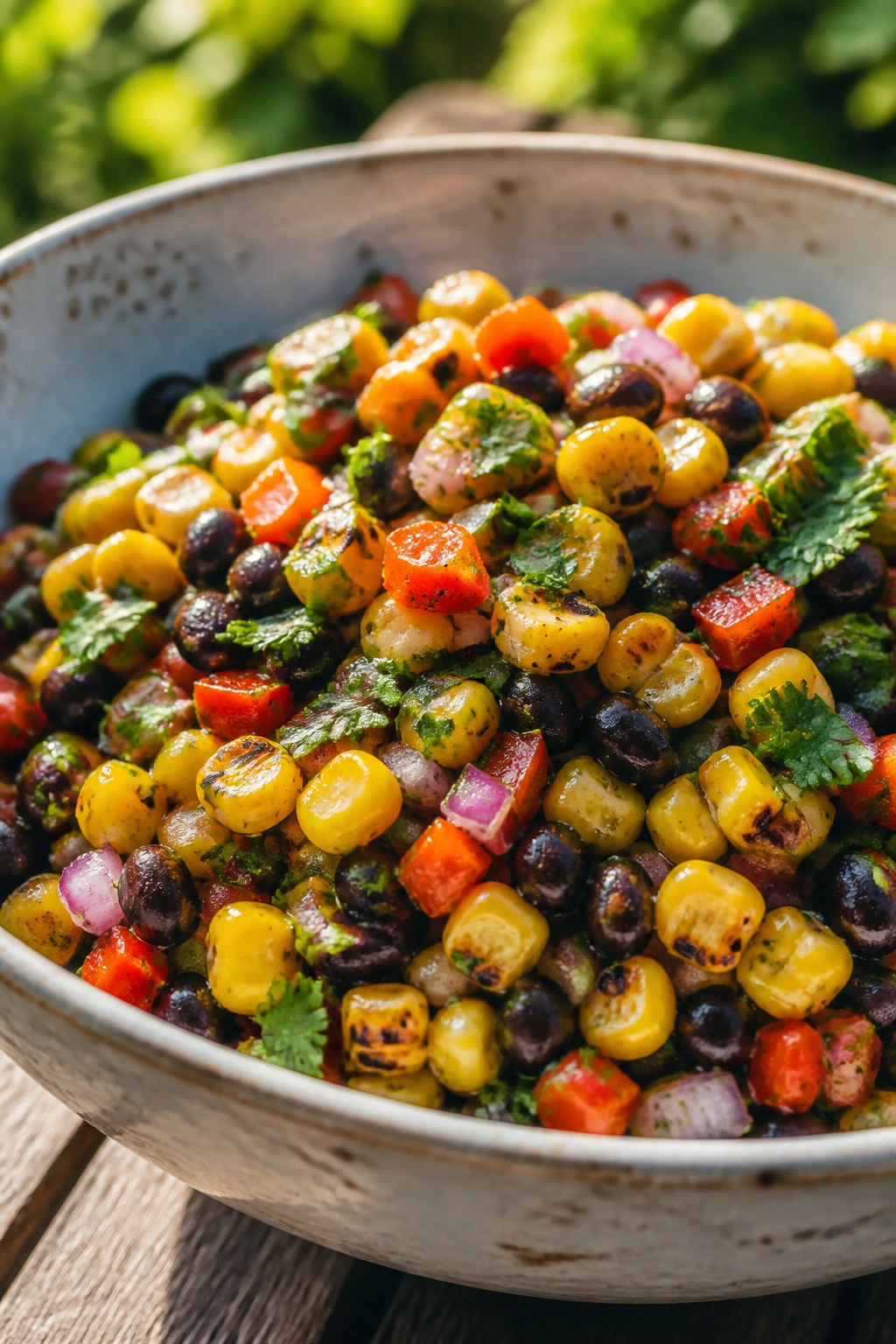 Close-up of Grilled Corn and Black Bean Salad in a bowl outdoors
