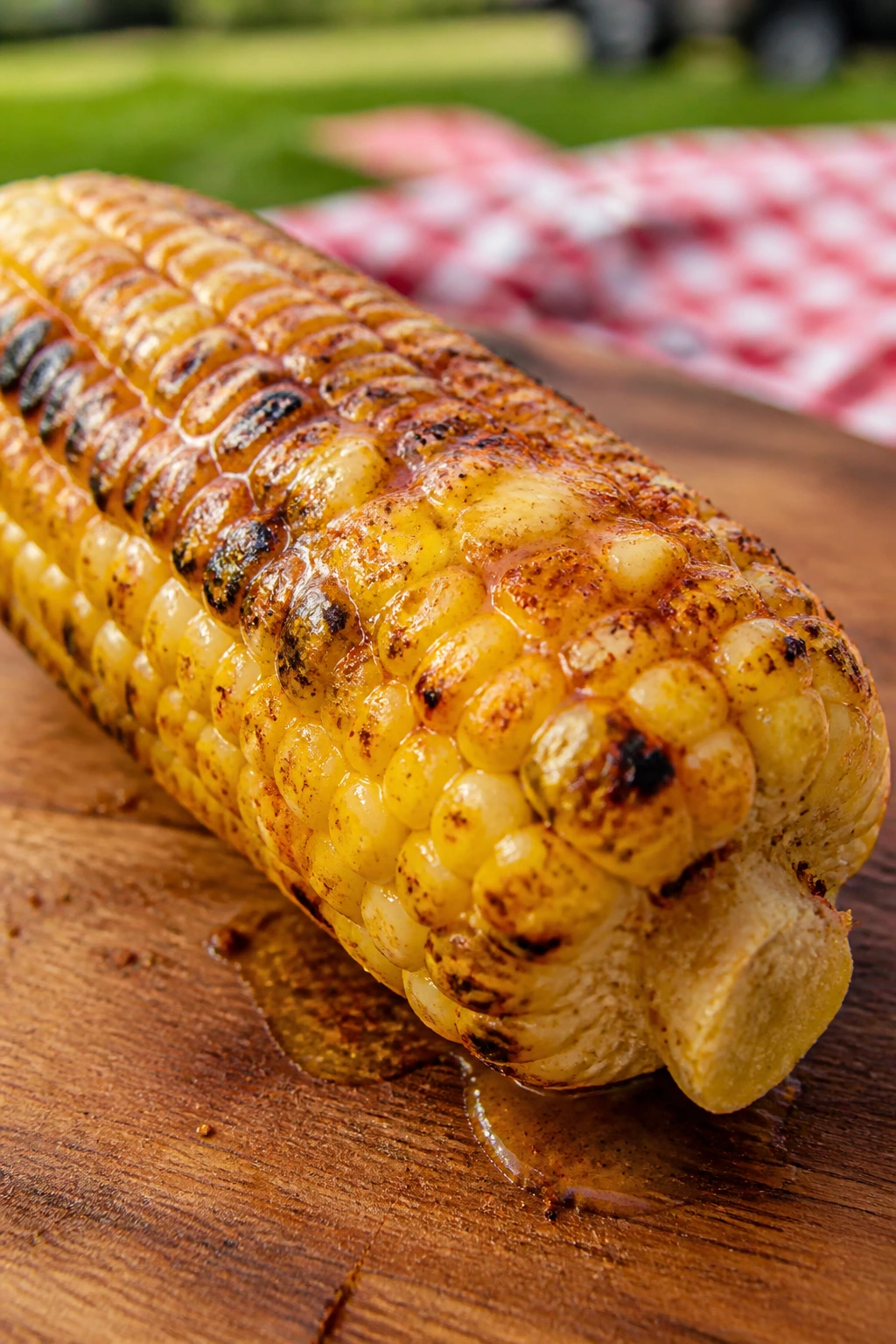 Blistered corn ear with chili butter on a wooden board