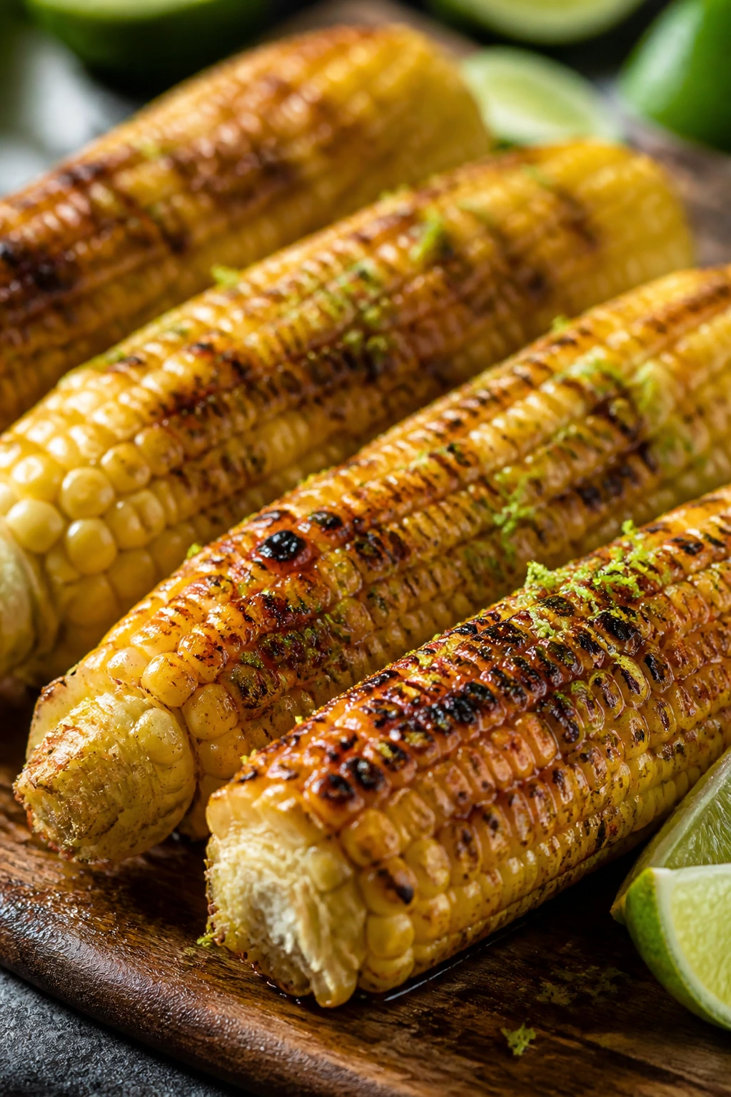 Grilled corn with chili-lime butter on a rustic board outdoors