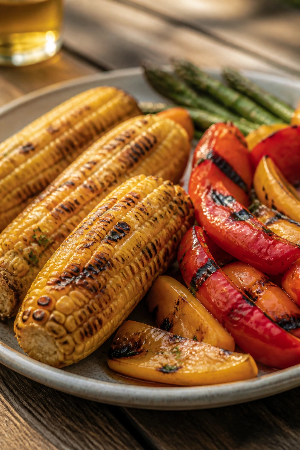 Grilled corn and peppers on a picnic plate outdoors